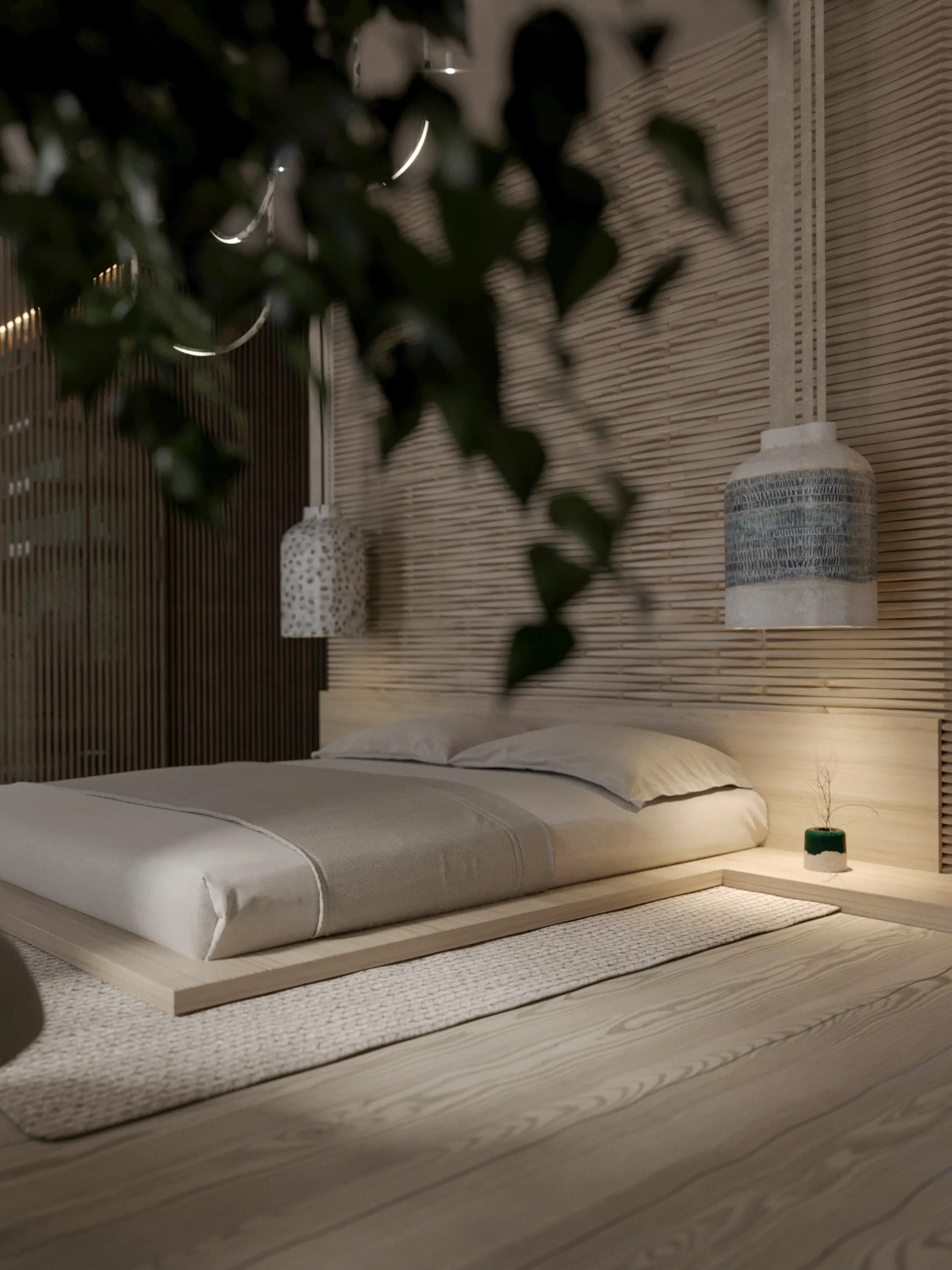 Contemporary bedroom with wood panelling behind the bed.