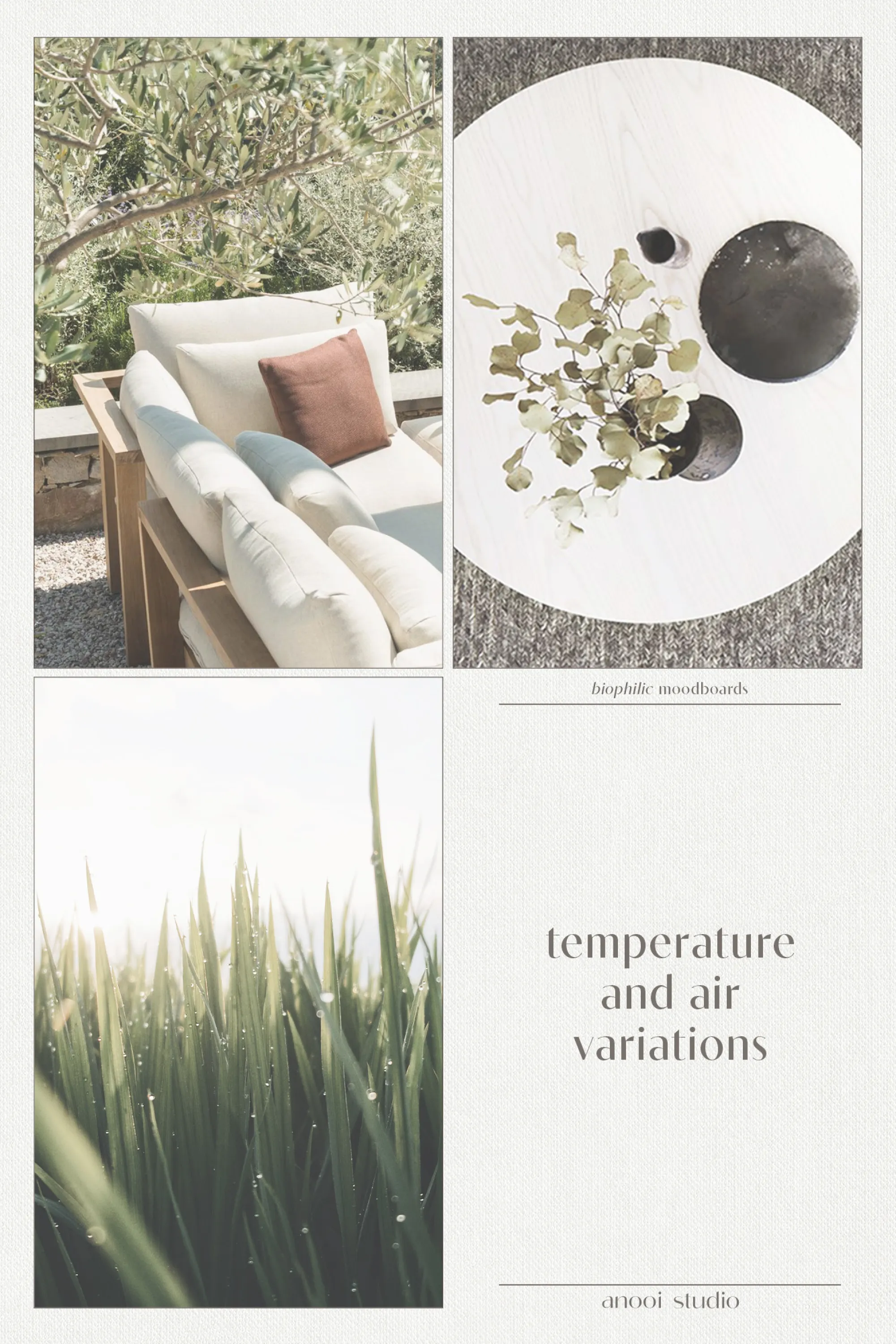 Biophilic design moodboard showing thermal and airflow variability. 1: outdoor seating area under the shadow of a tree. 2: a soft rug on a wooden flooring. 3: grass moving in the wind.