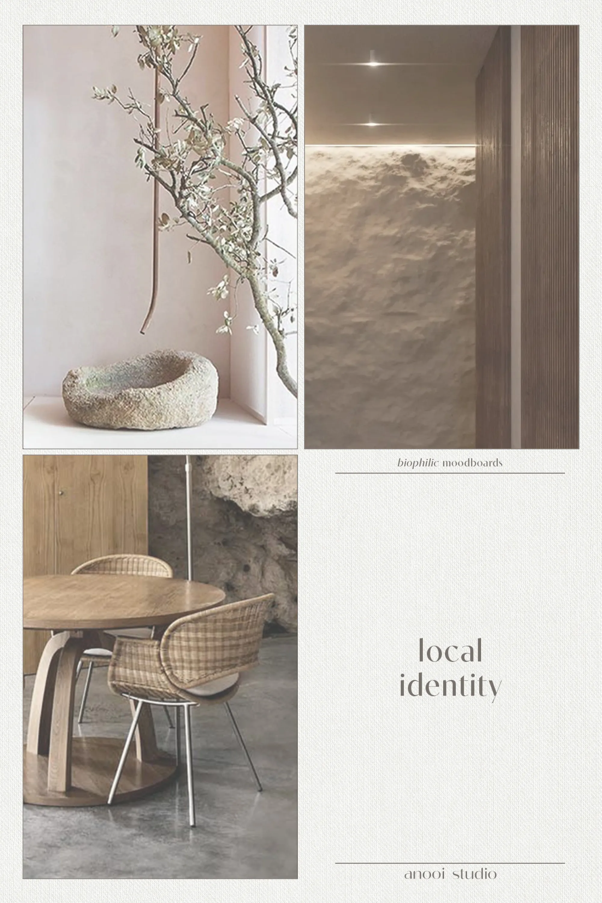 Biophilic design moodboard showing examples of local identity. 1. A raw a branch used as decor. 2. A corridor with textured stone wall. 3. A home built inside a natural cave.