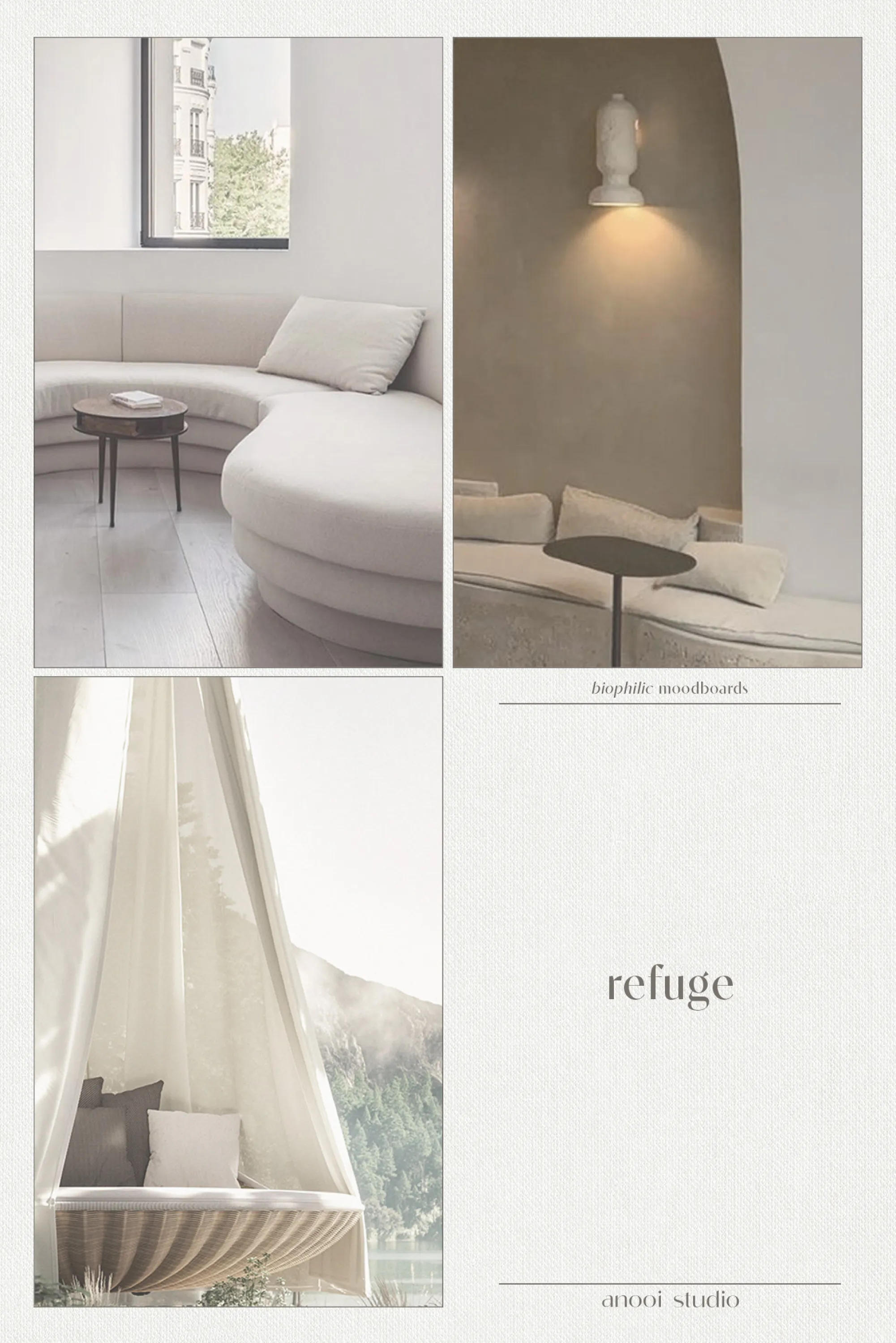 Biophilic moodboard showing a sense of refuge: 1. A curved sofa. 2. A seating nook. 3. An enveloping hanging chair