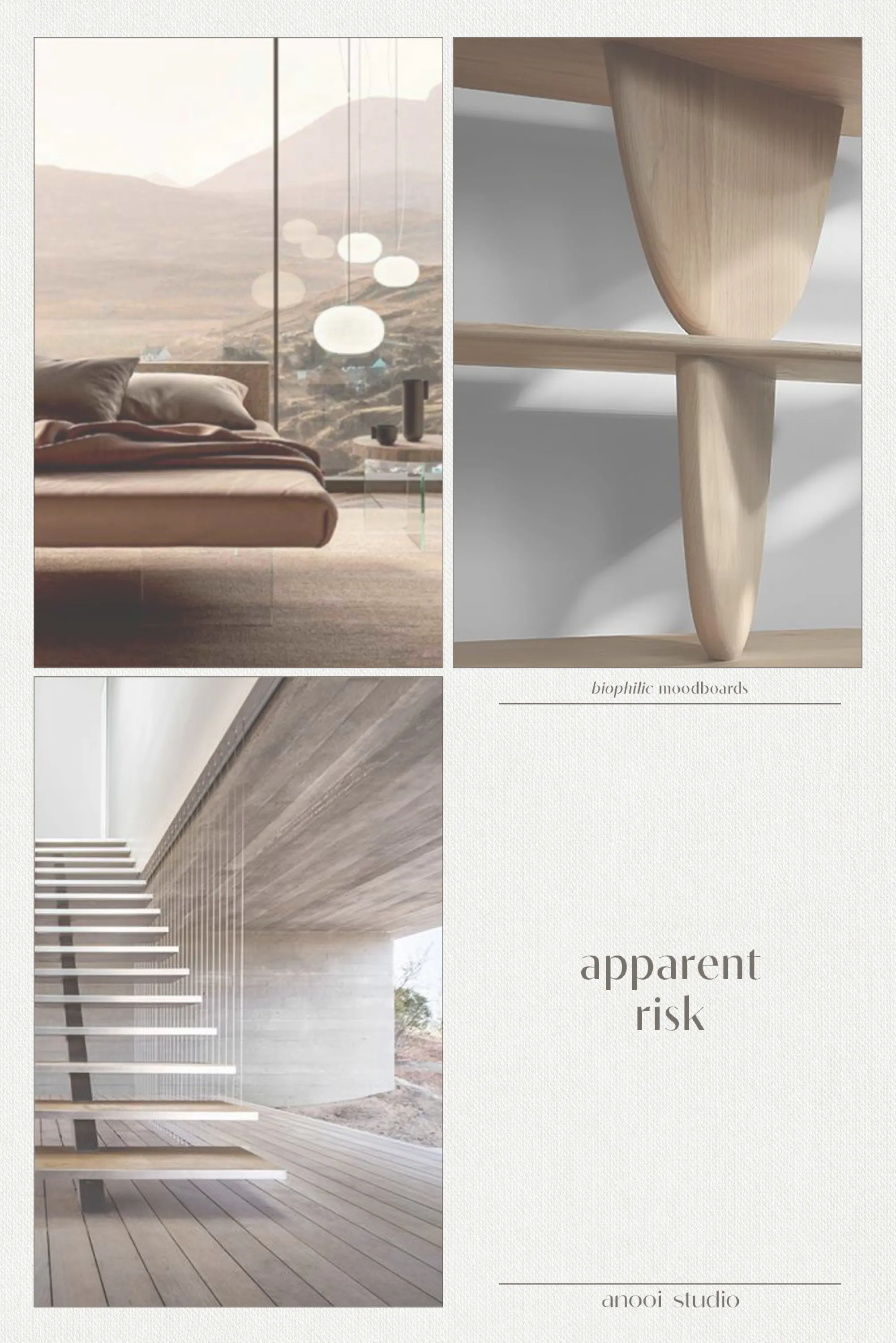 Moodboard showing the concept of risk in biophilic design. 1. A bed with glass legs. 2. A seemingly unstable shelf. 3. A floating staircase.