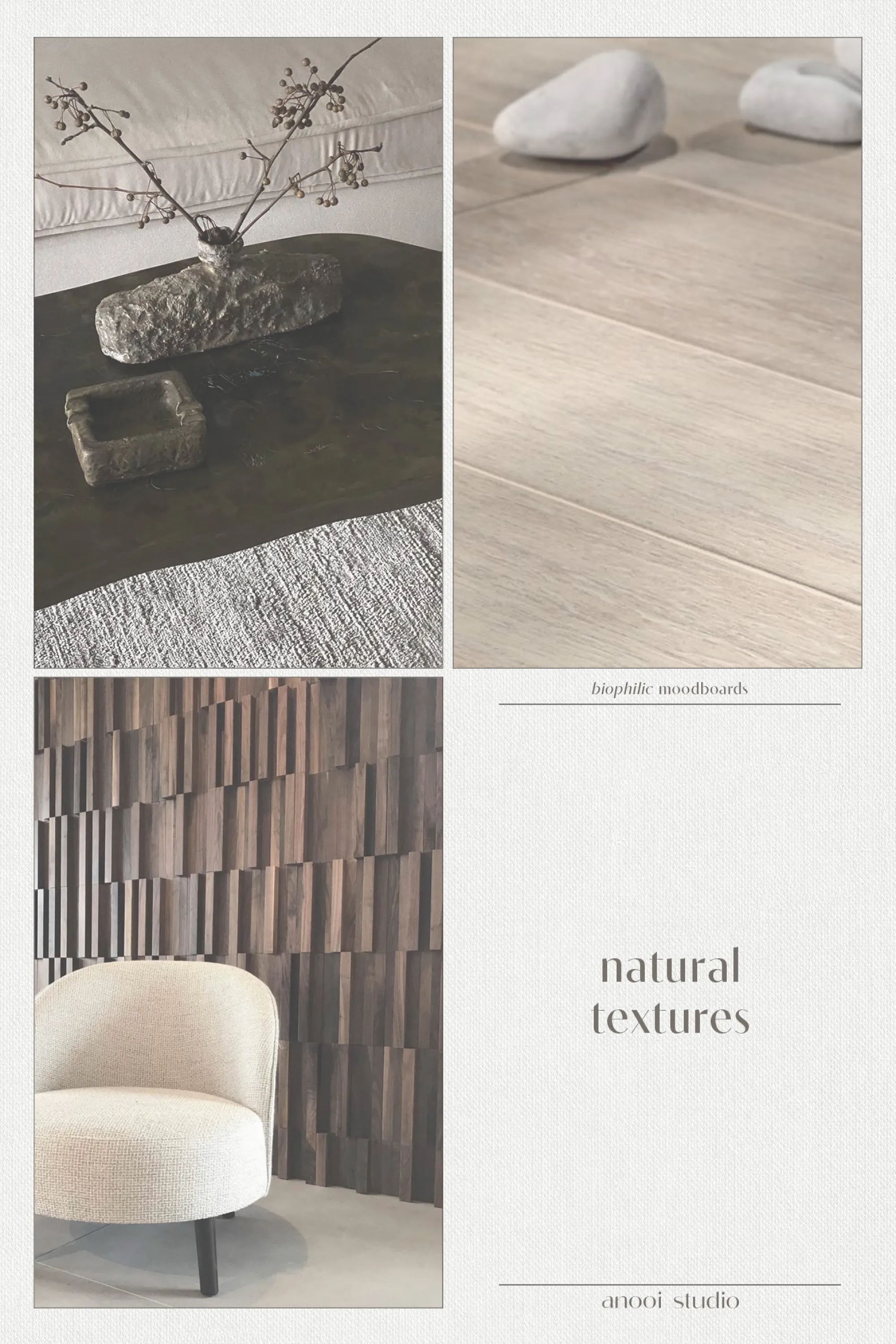 Biophilic design moodboard depicting natural textures in interiors: 1. A wood coffee table with textured accessories. 2. Wood flooring close-up. 3. A textured wall.