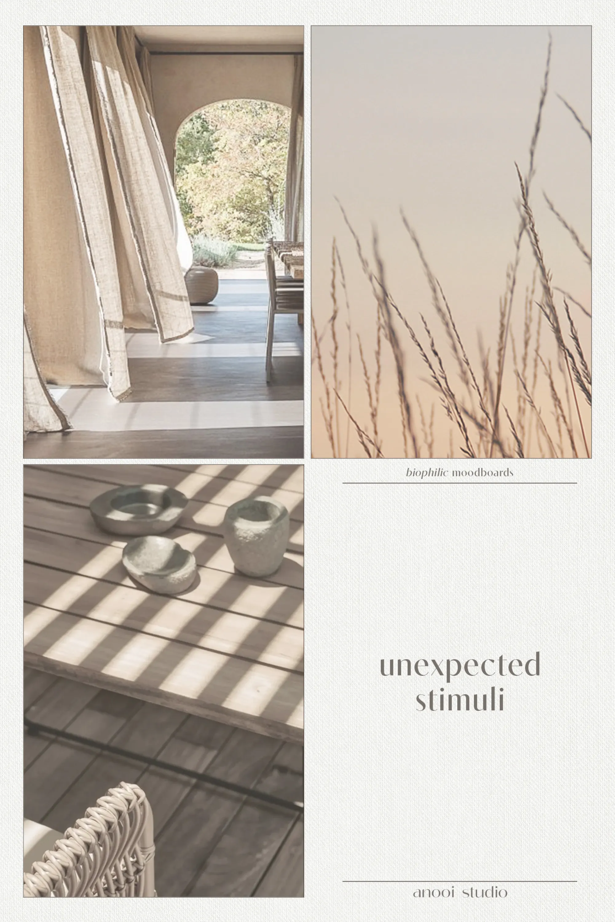 Biophilic design moodboard explaining unexpected stimuli in interiors: 1. Curtains moving in the wind. 2. Landscape with grass swinging. 3. Shadows casting on a table.