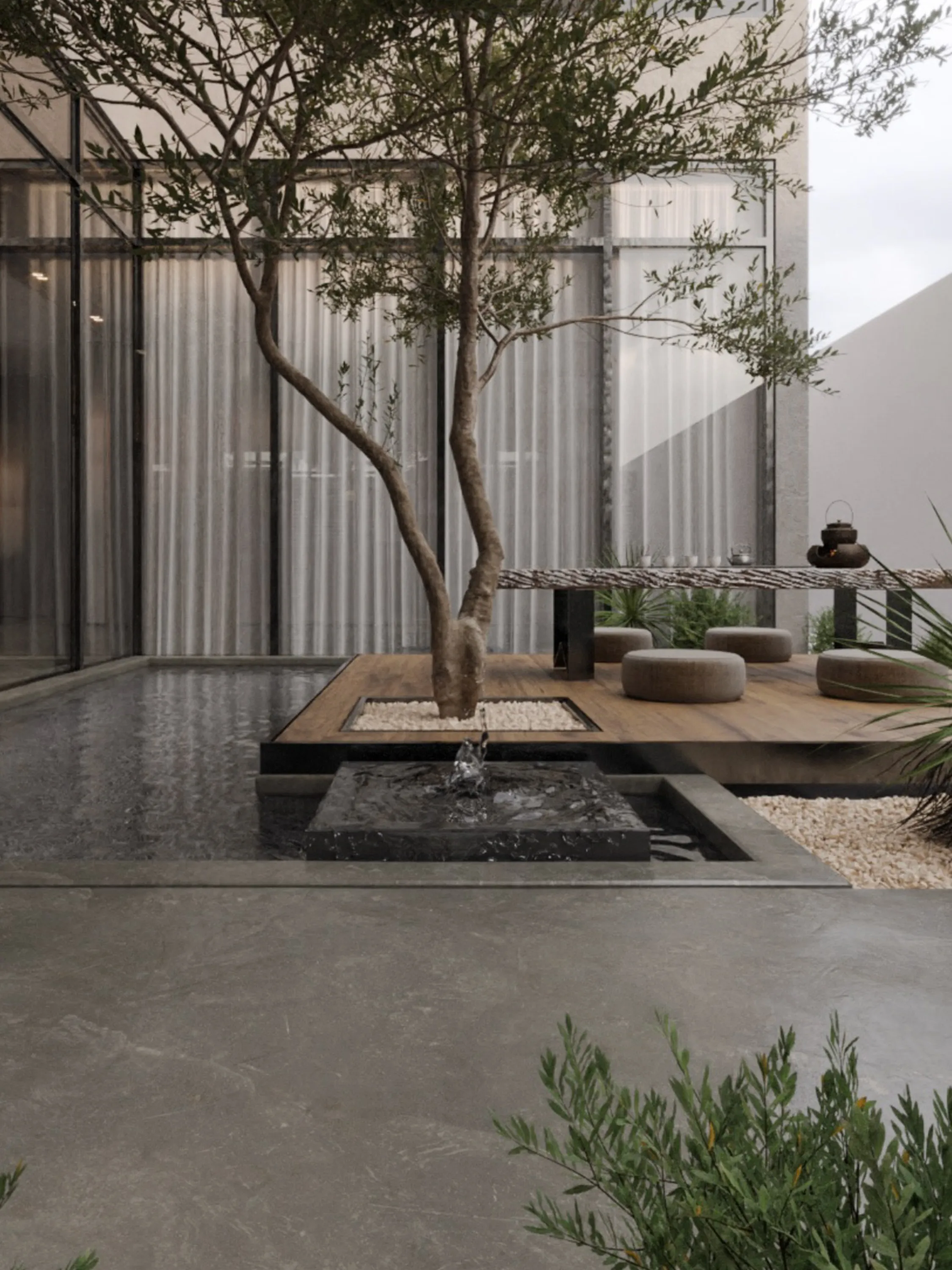 Outdoor space with a lively water feature.