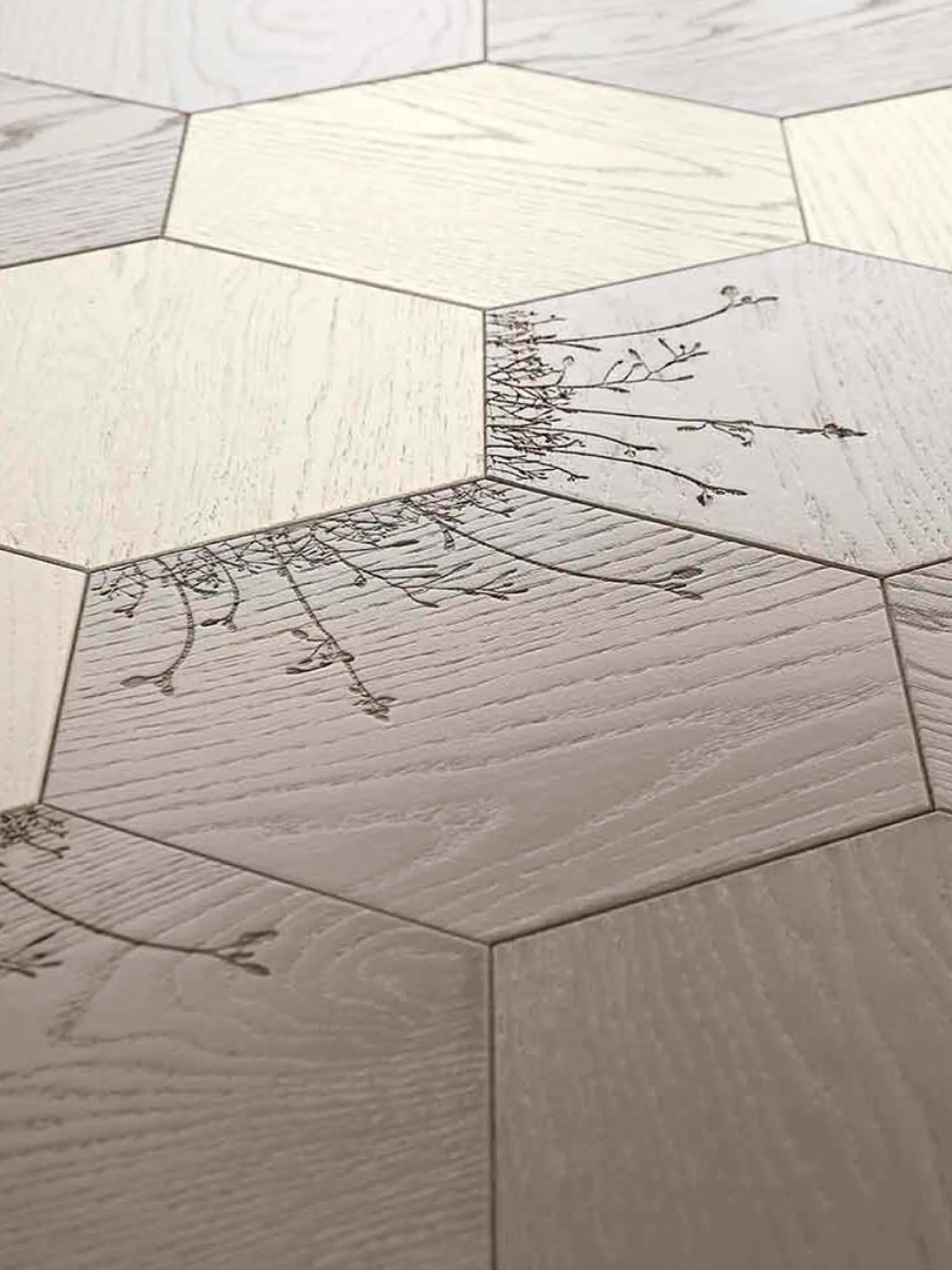 Biophilic wood floor, with carved flowers.