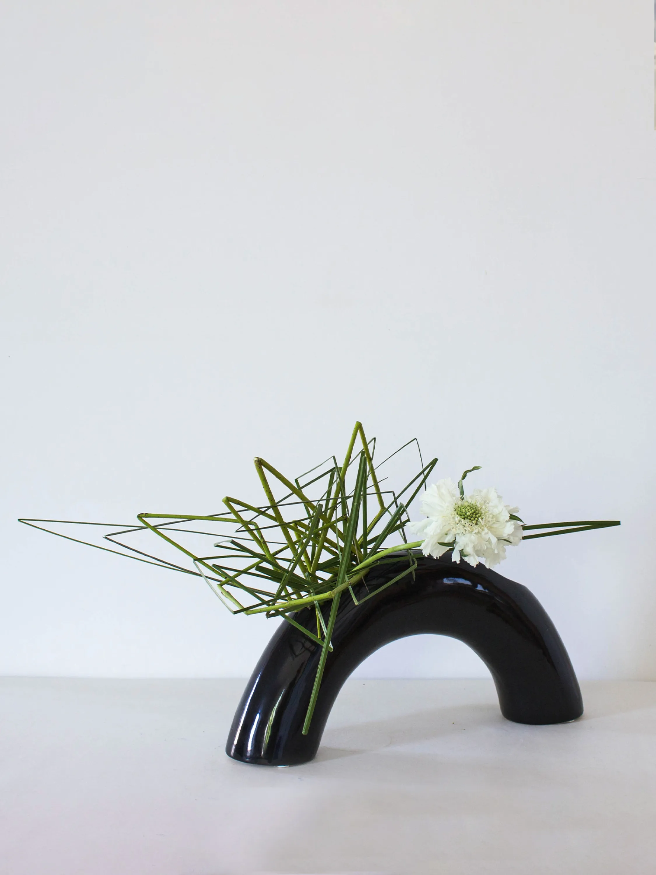 Ikebana arrangement with flowers and bent stems.