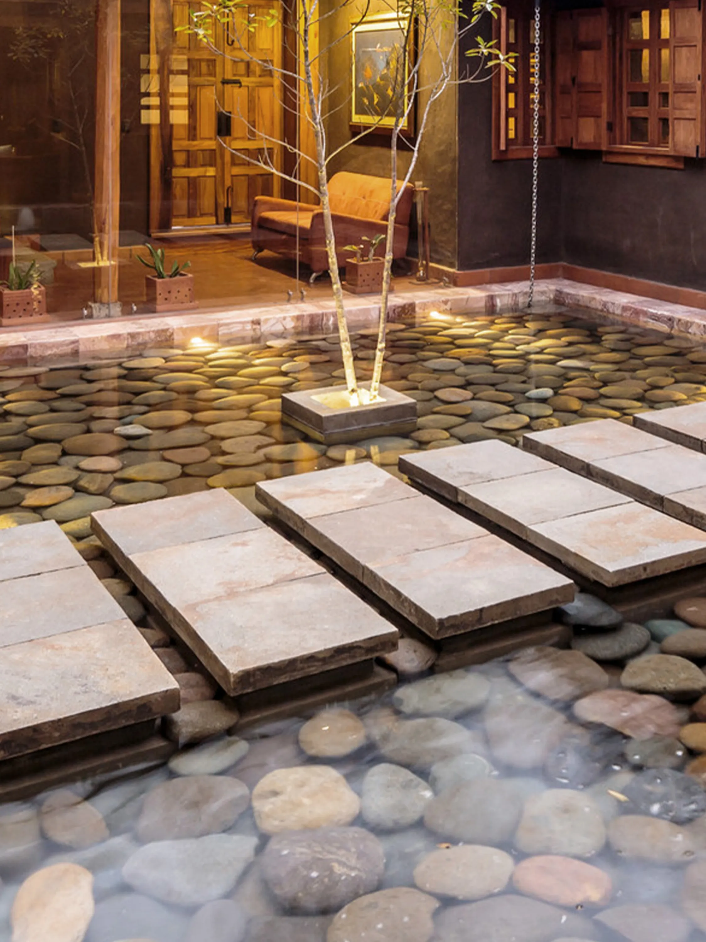 A floating pathway across a water pond.
