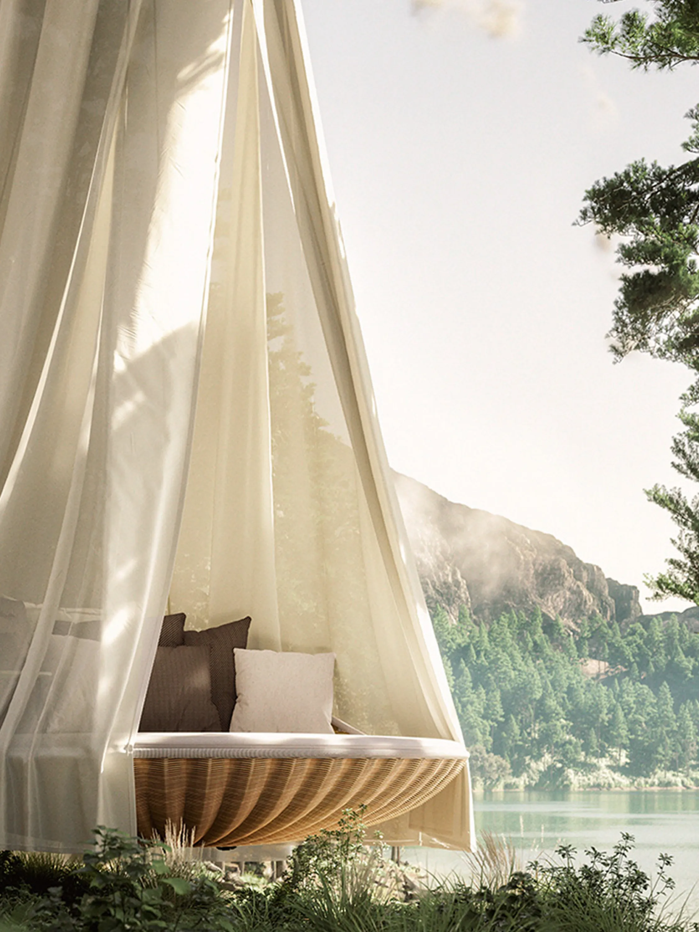 An enveloping hanging chair.