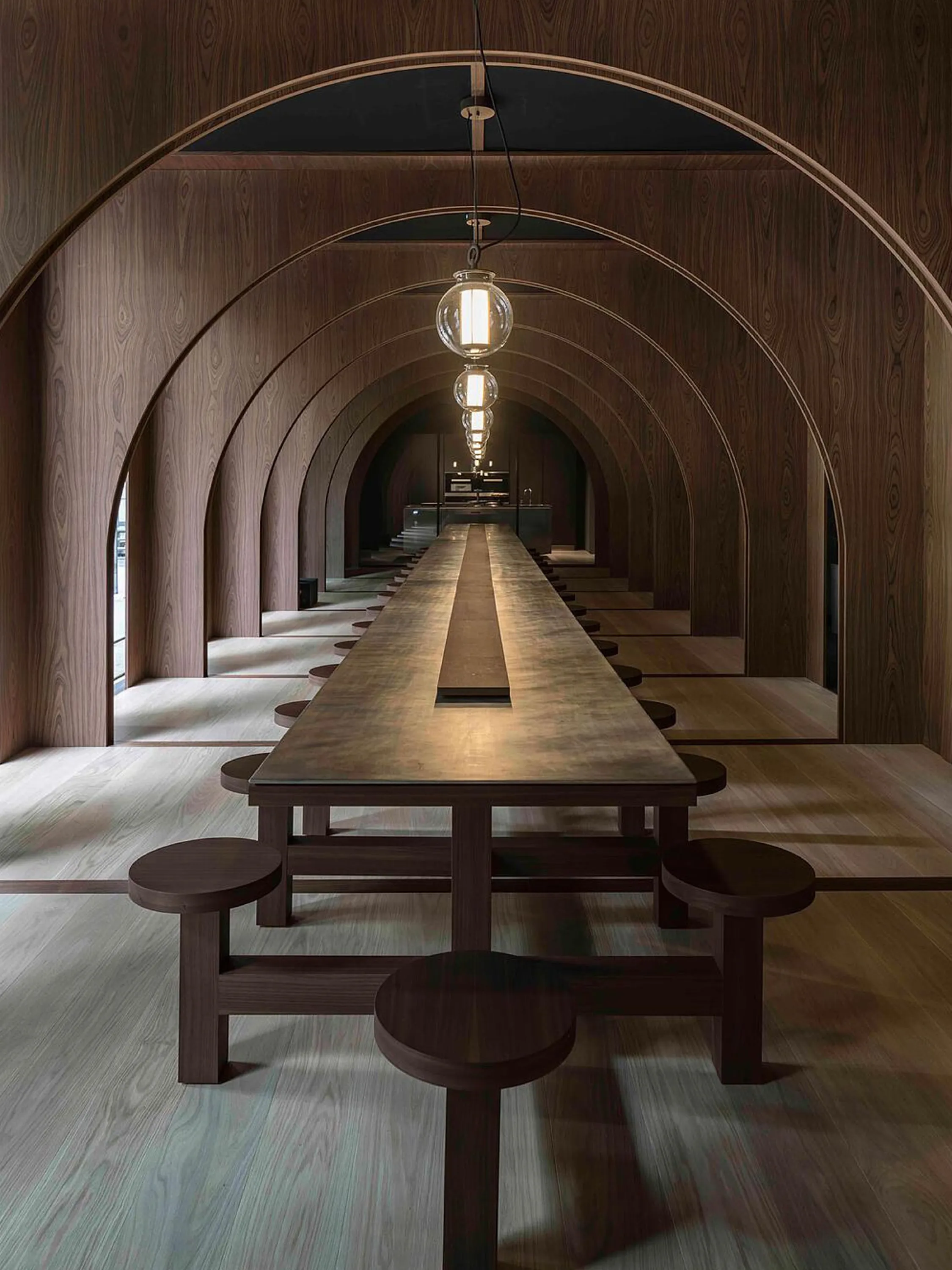 An elongated dining space.