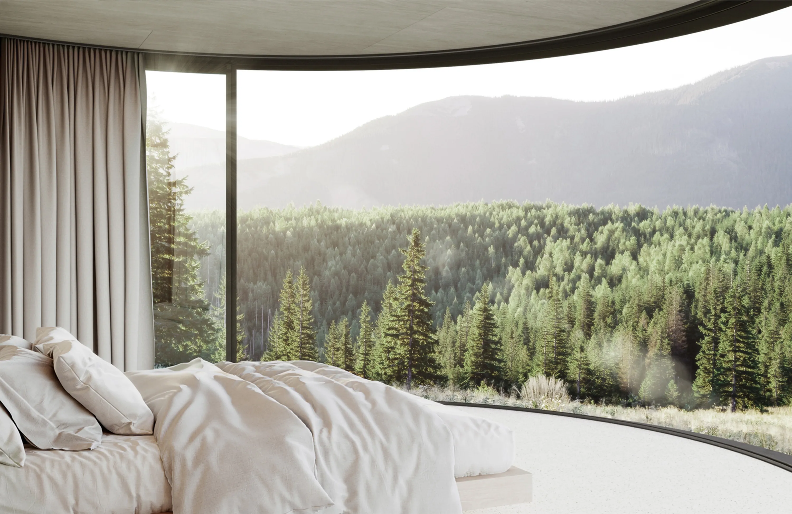A bedroom with fully glazed wall looking into the forest