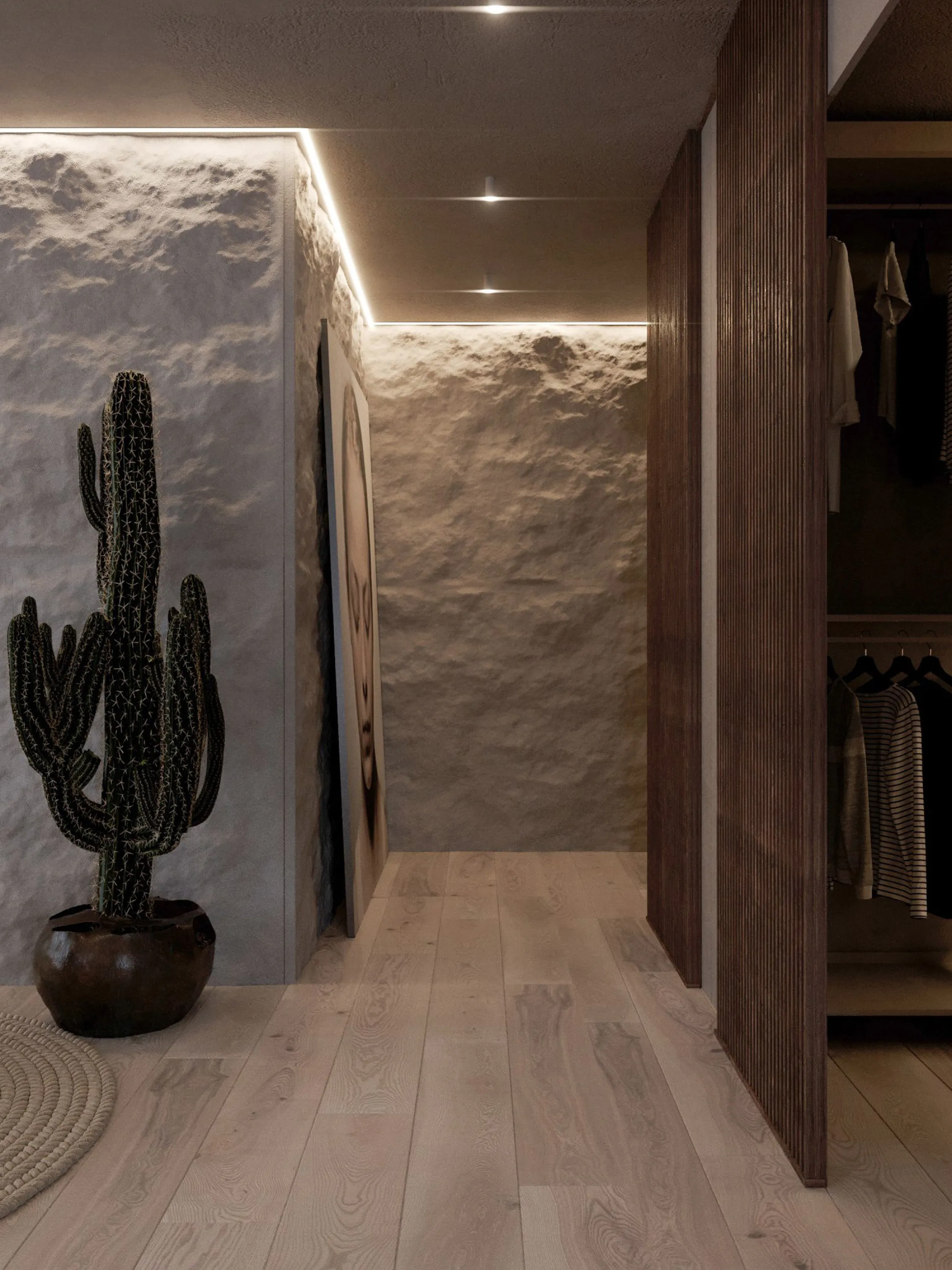 Corridor with stone-covered wall.