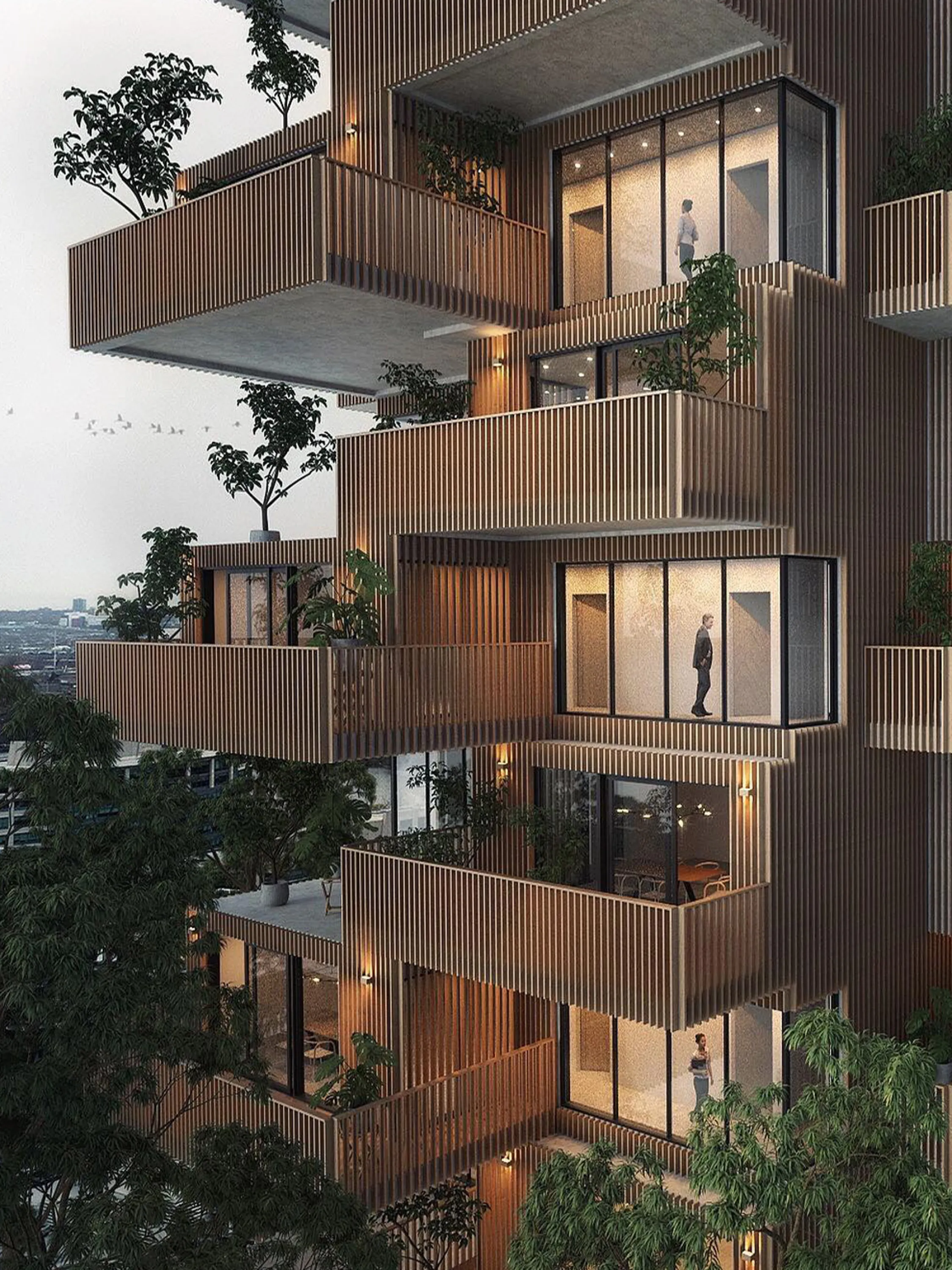 Wood building with plants on each balcony.