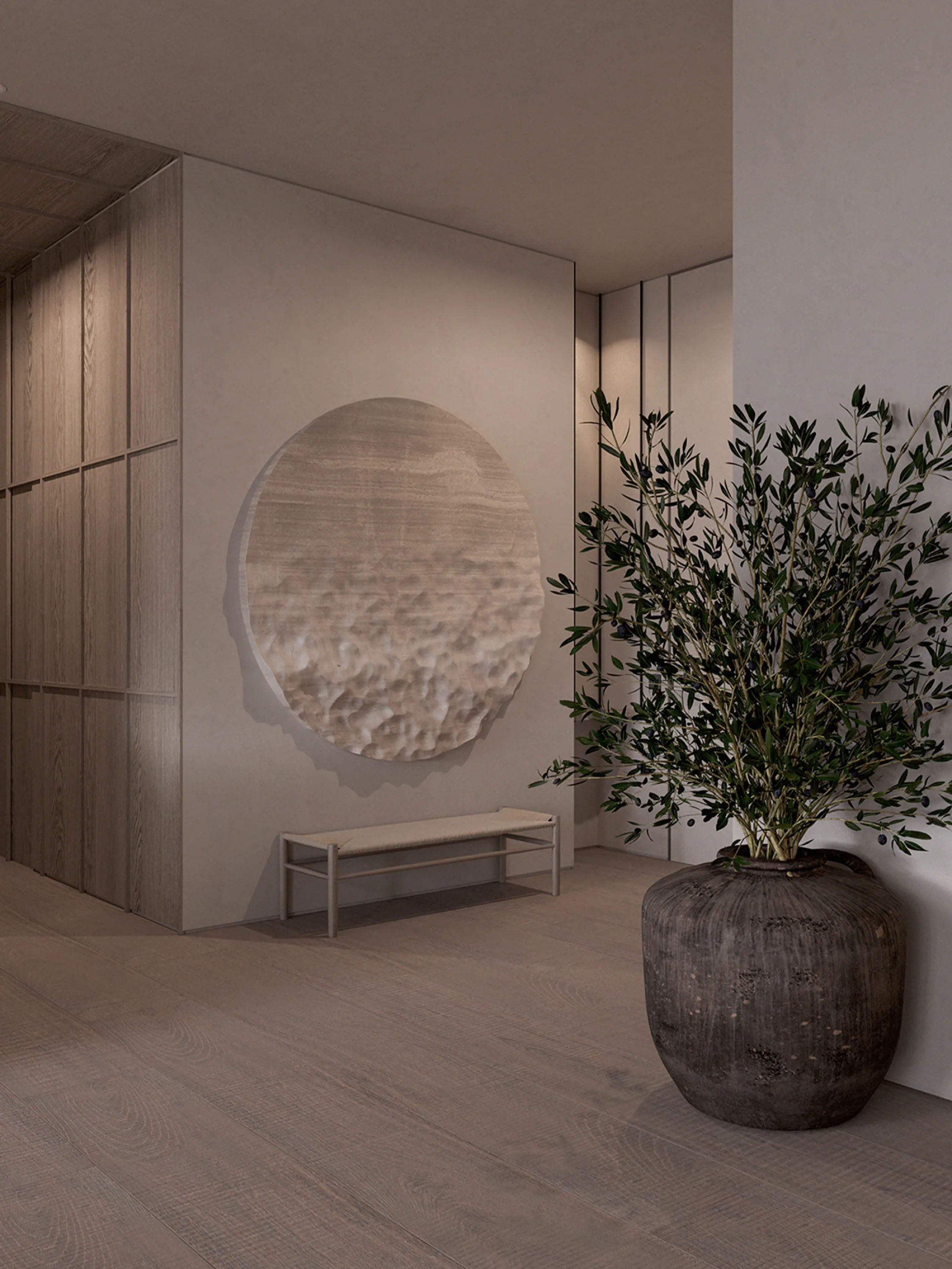Entrance hall with a richly textures artwork.