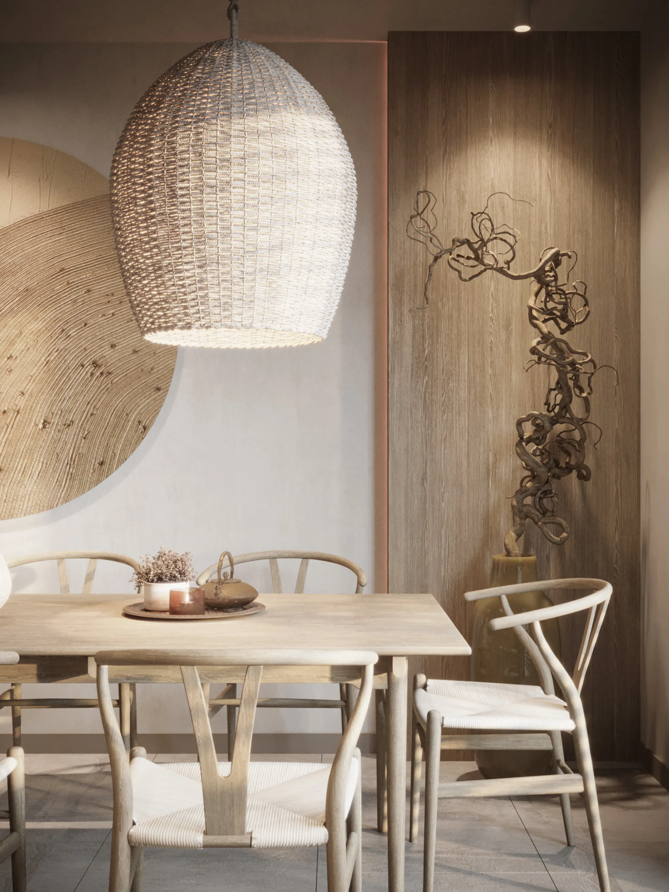 Dining room with a juxtaposition of rich earthy textures.