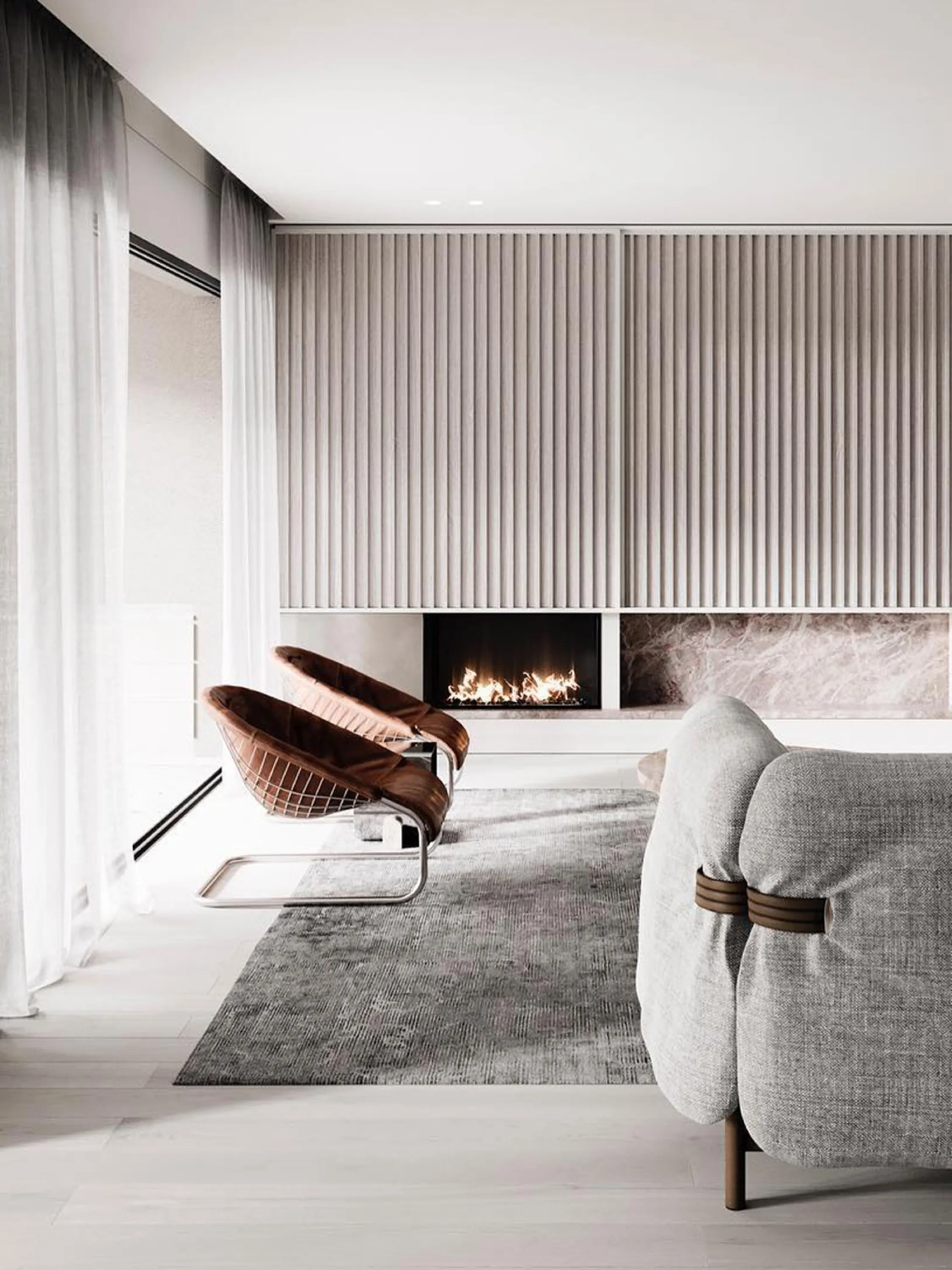 A living room with a crackling fireplace.