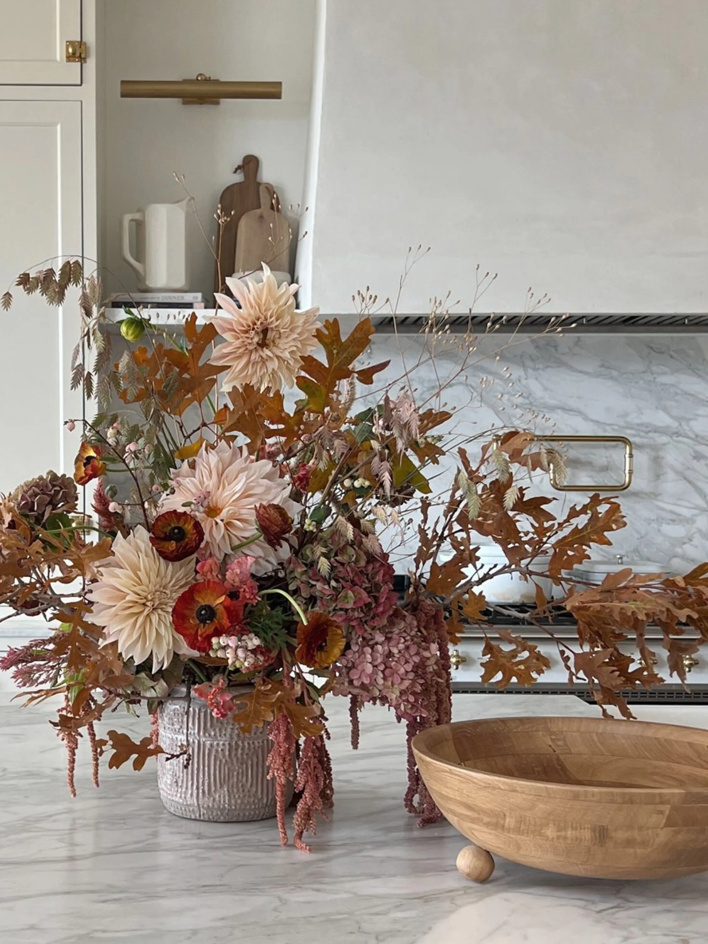 Fragrant flowers on a kitchen counter.
