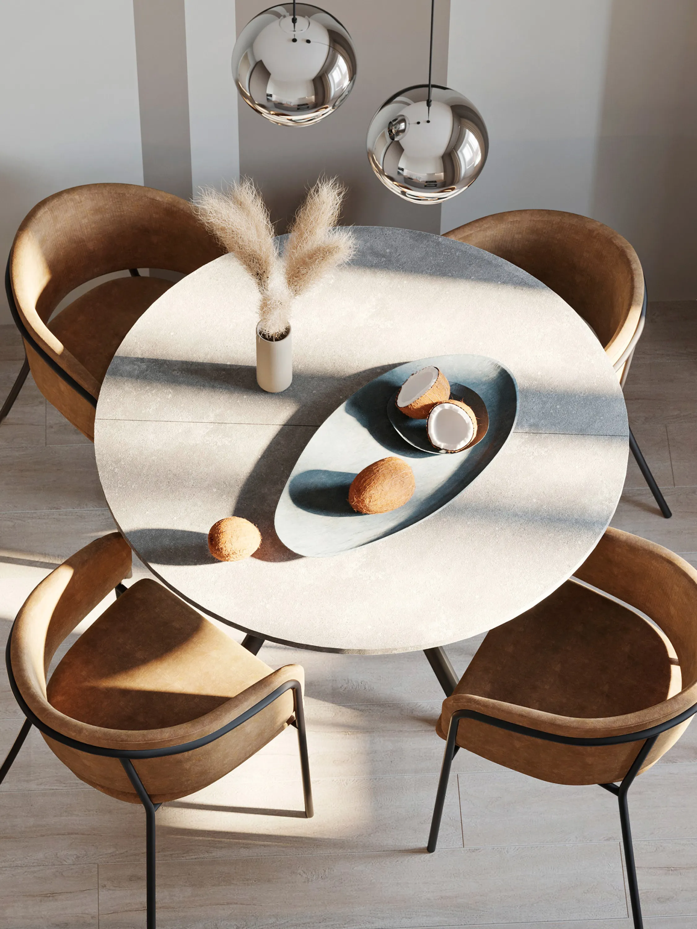 A dining table with coconuts used as décor.