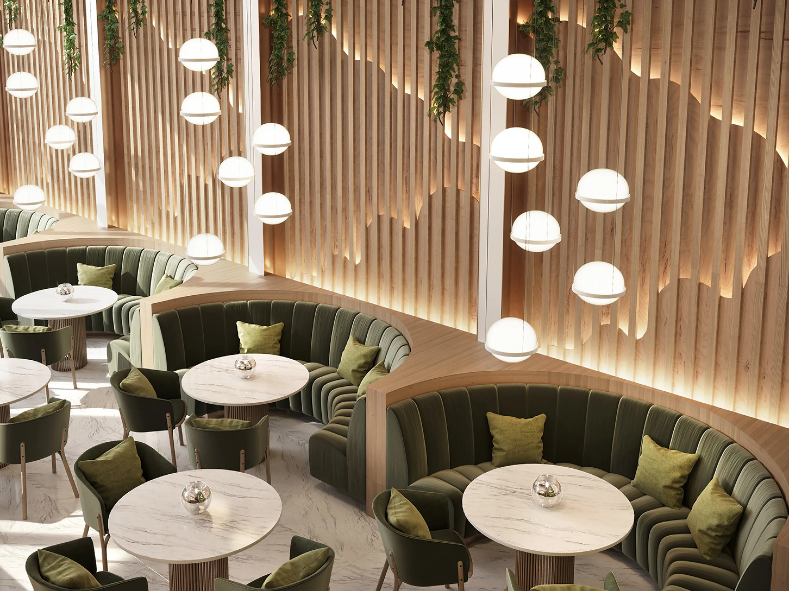 Restaurant with curved seats.