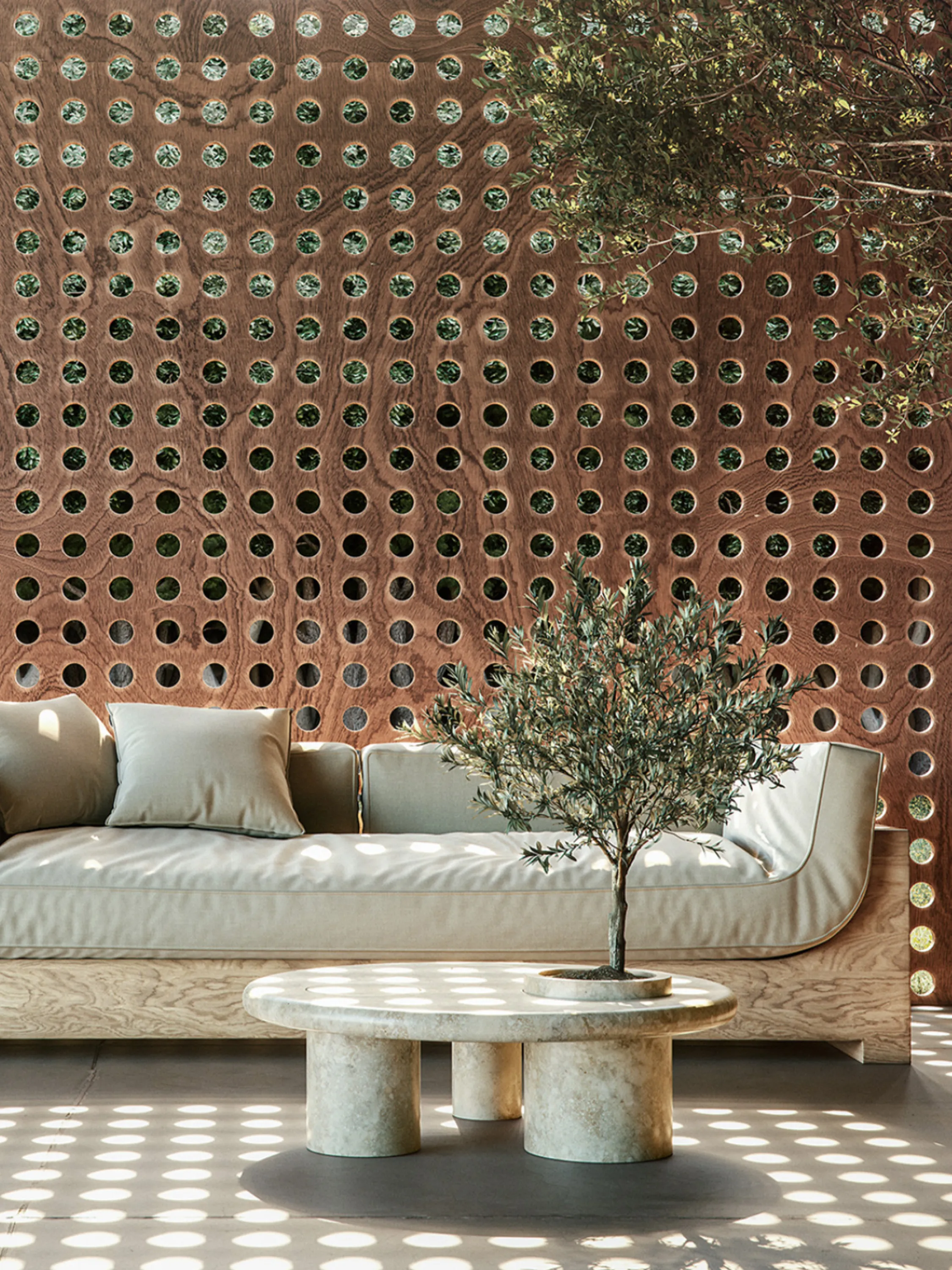 Outdoor seating area in the shadow.