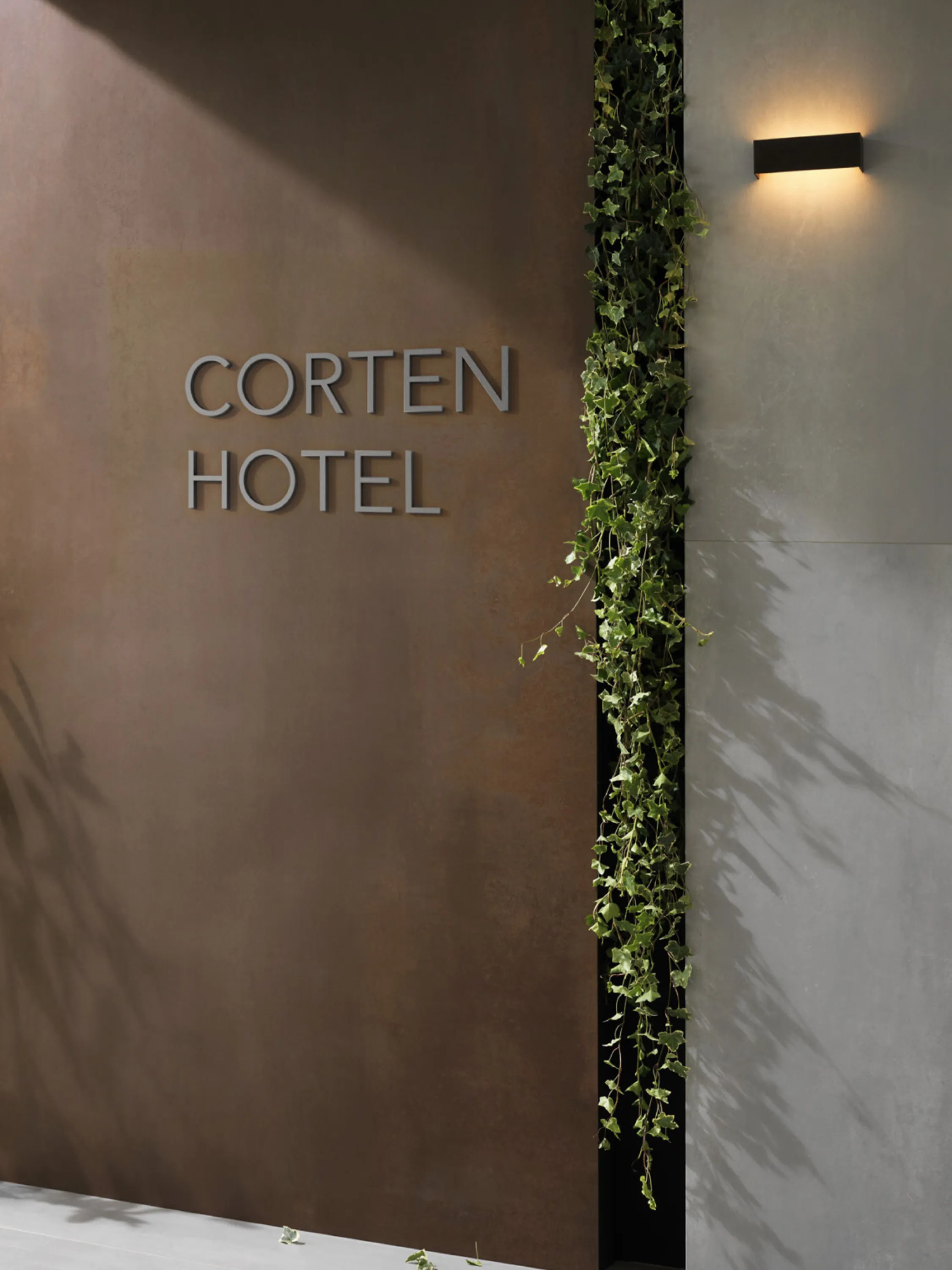 Draping ivy plant highlighting the transition between two wall finishes.