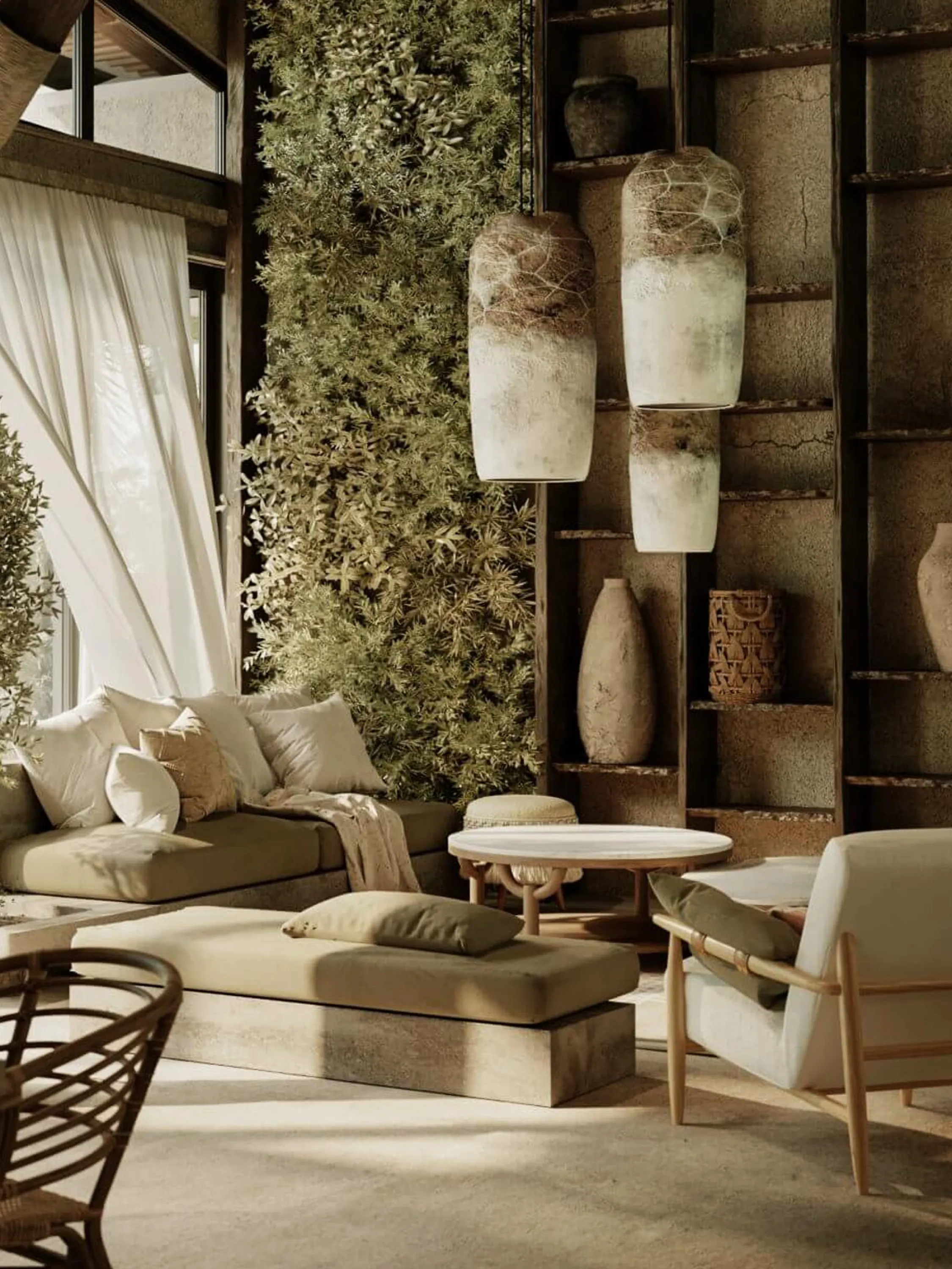 Living area with planted wall, rich textures, and exposure to the outdoors.