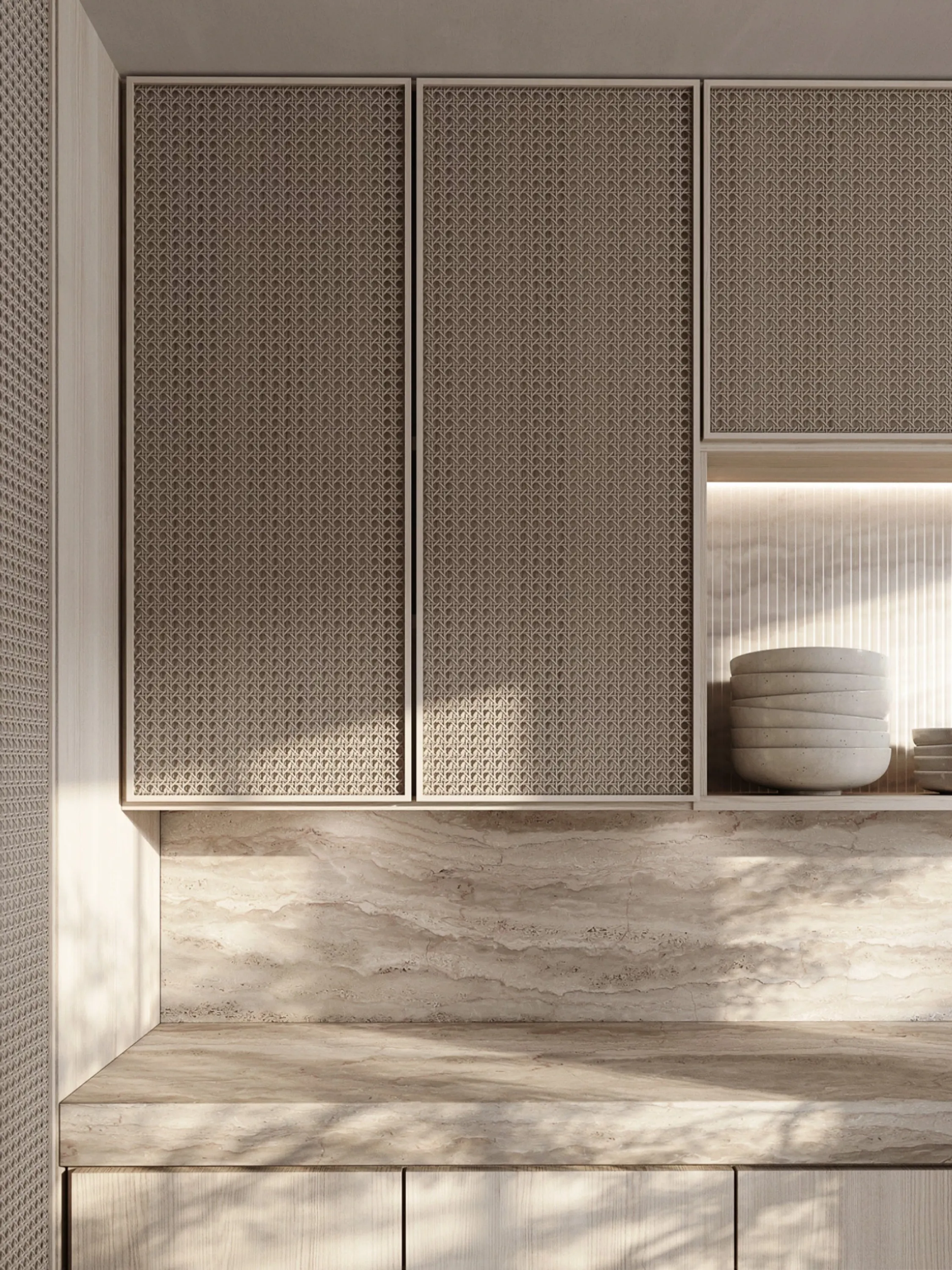Wicker kitchen cabinet fronts hit by sunlight.