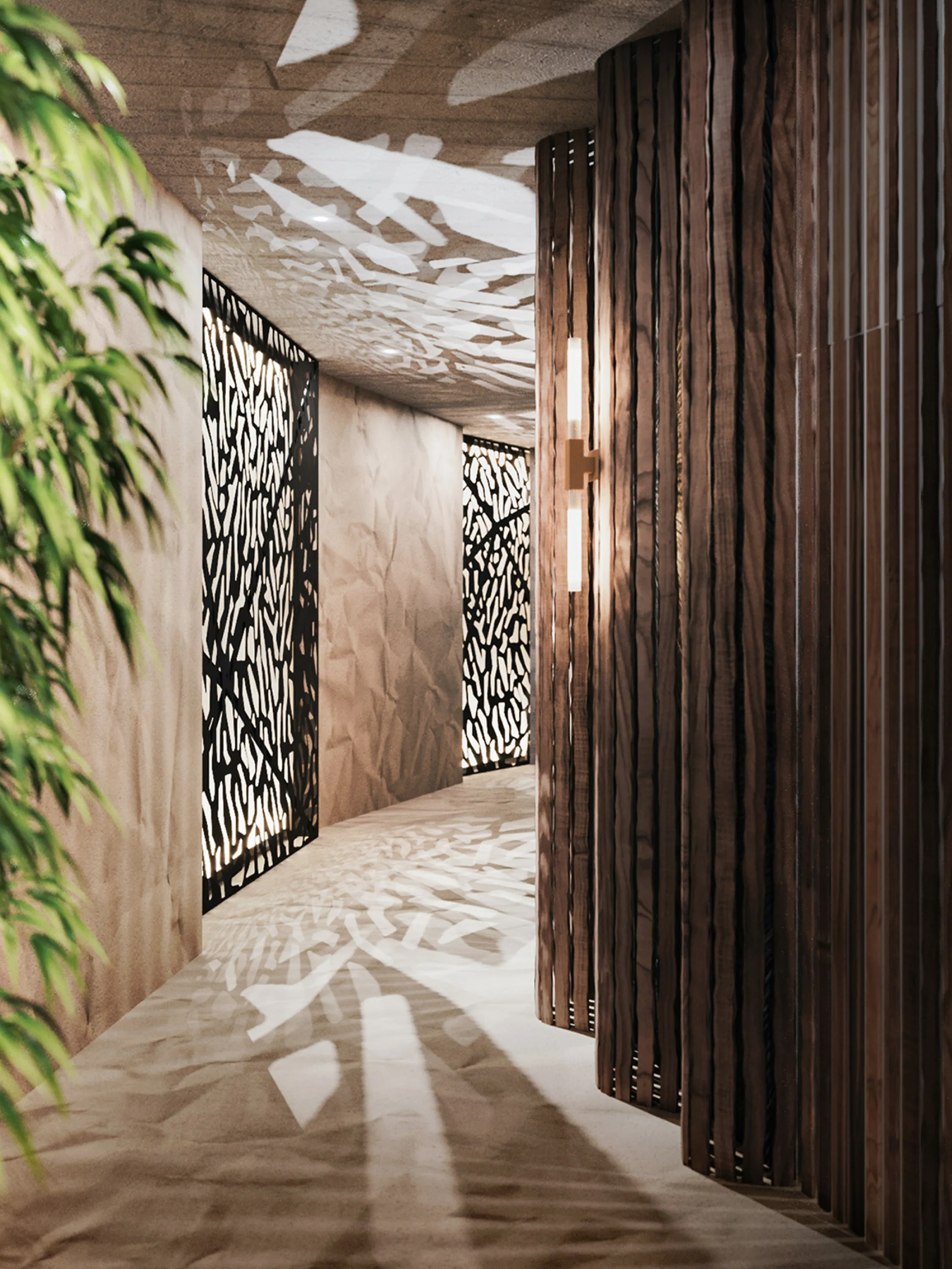 Curved corridor with light reflections drawing shapes on floor and ceiling.