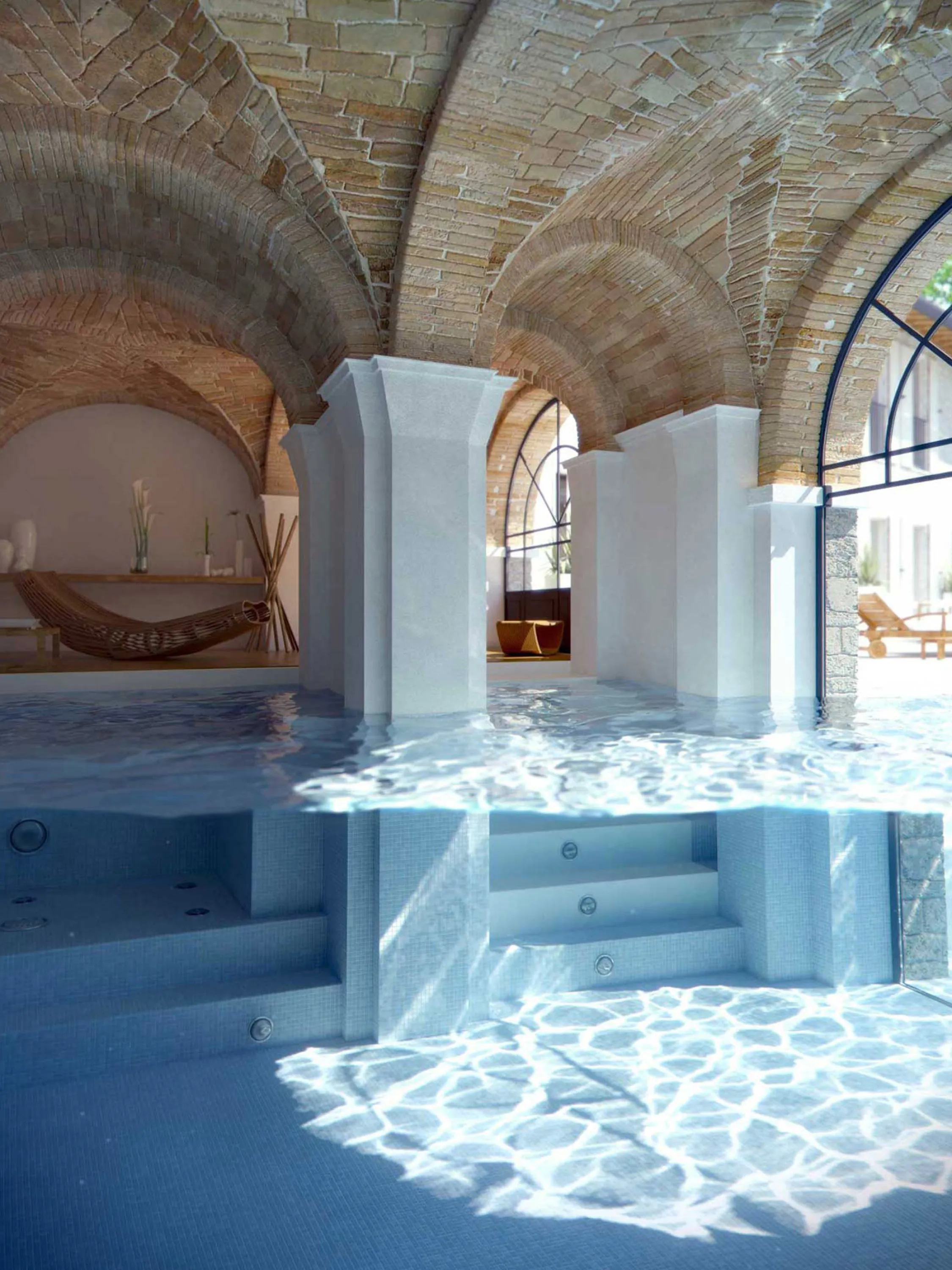 Pool filling the room of a period building.