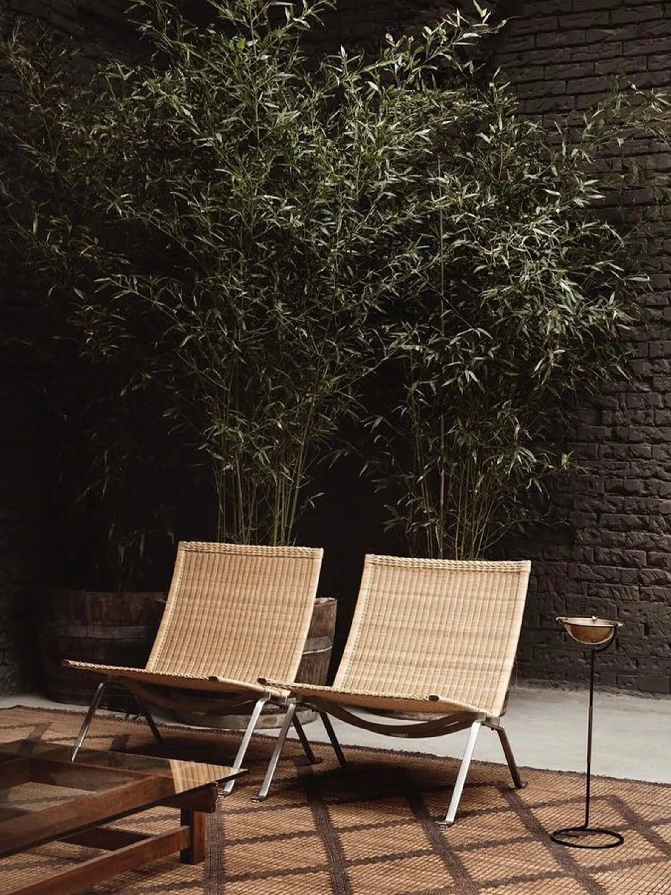 Seating area with tall plants behind.