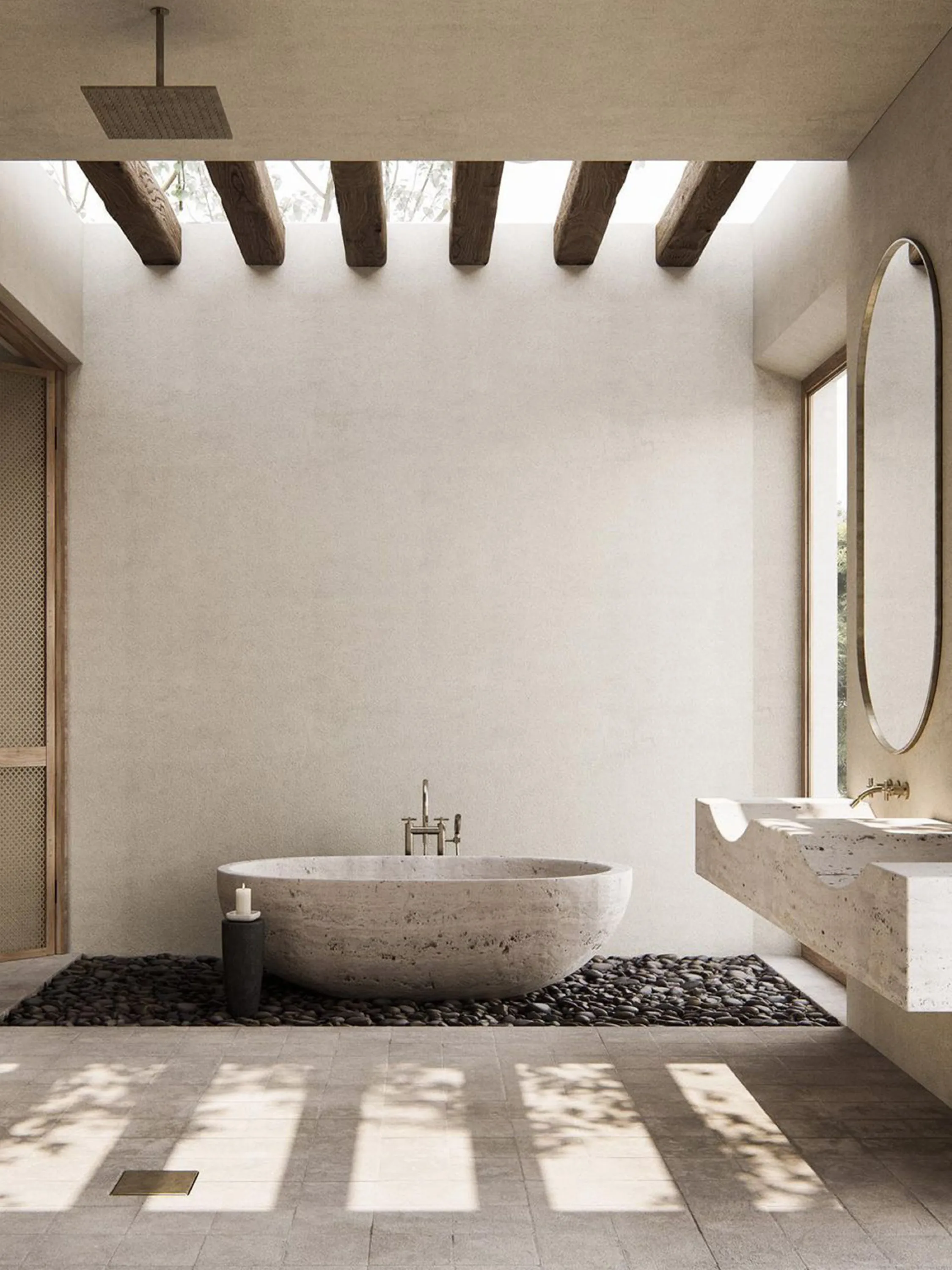 Biophilic bathroom with neutral tones, natural materials and abundant light.