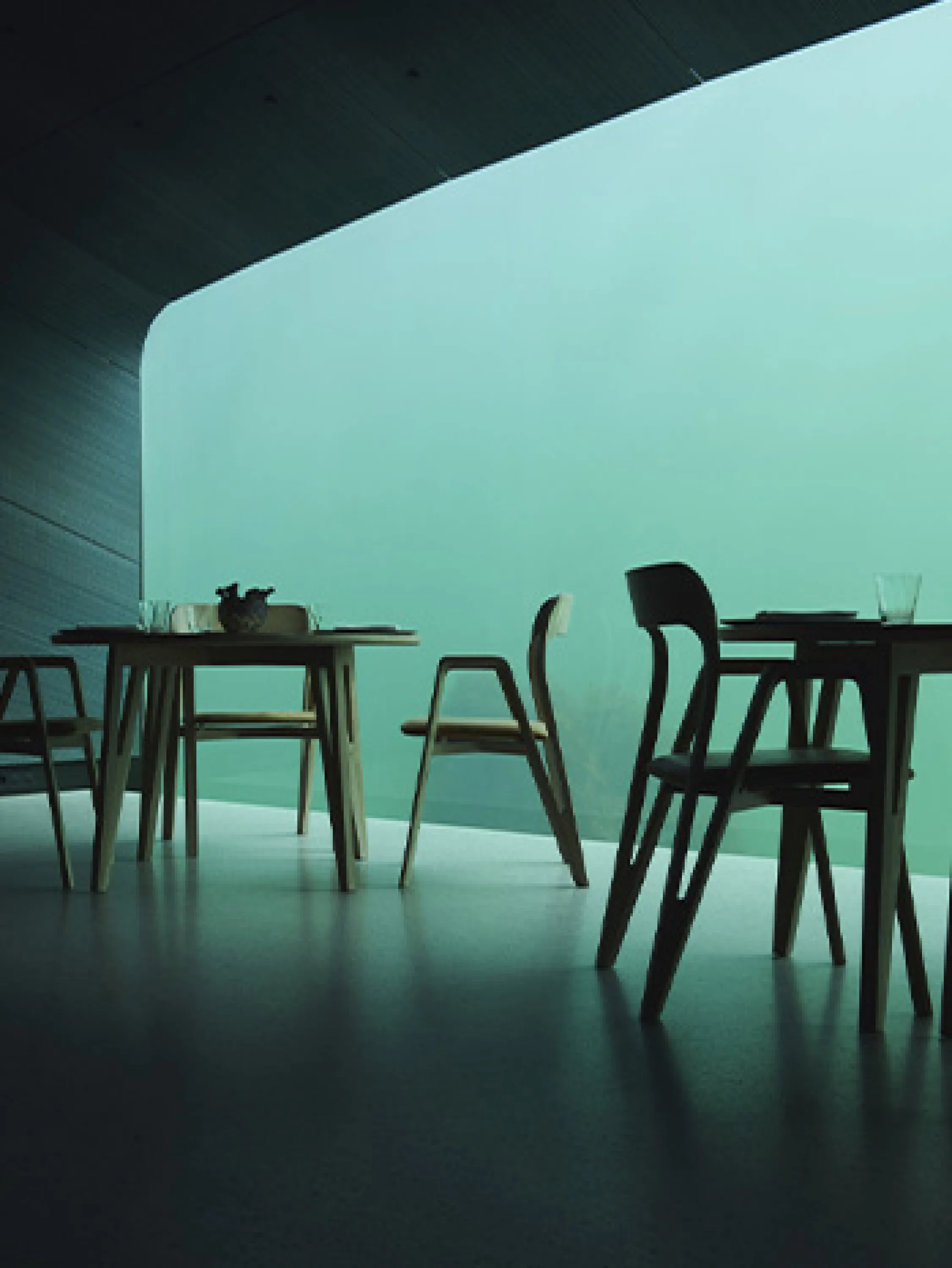 View of the dining space at night.