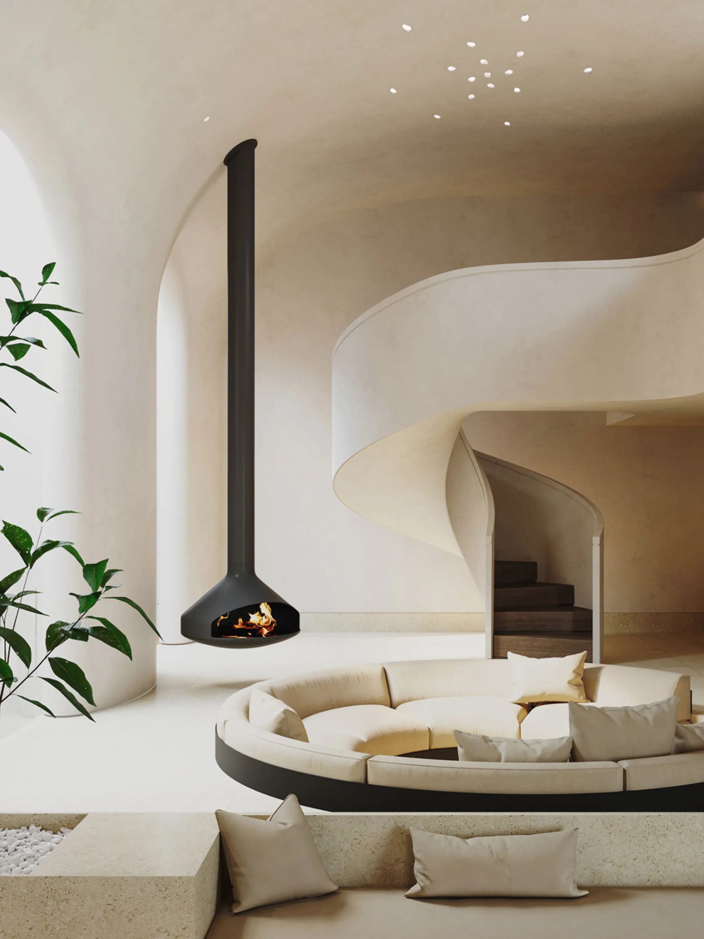 Sunken seating area with fireplace and outdoor view.