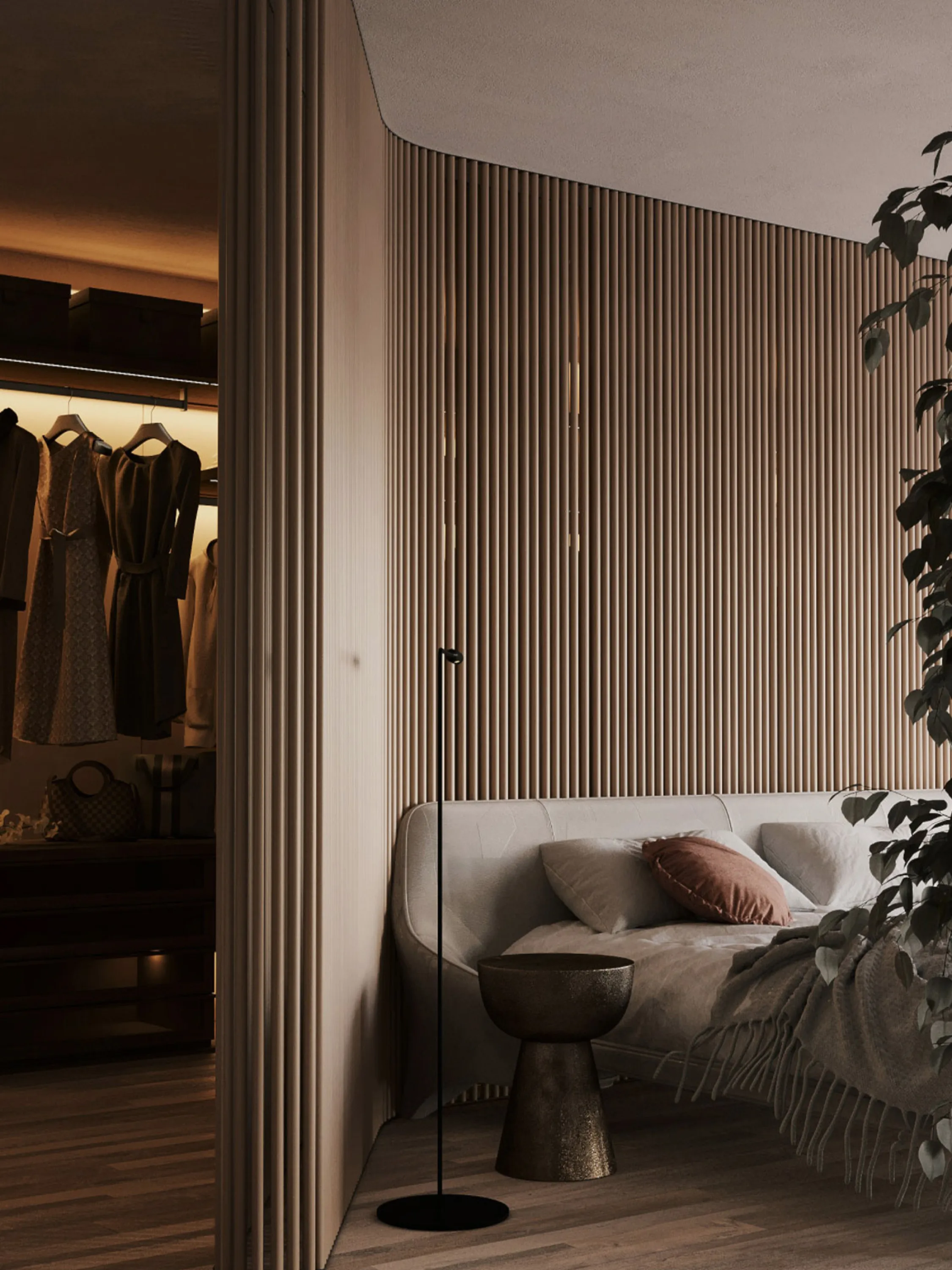 Bedroom with rich natural textures and a refuge-like feel.