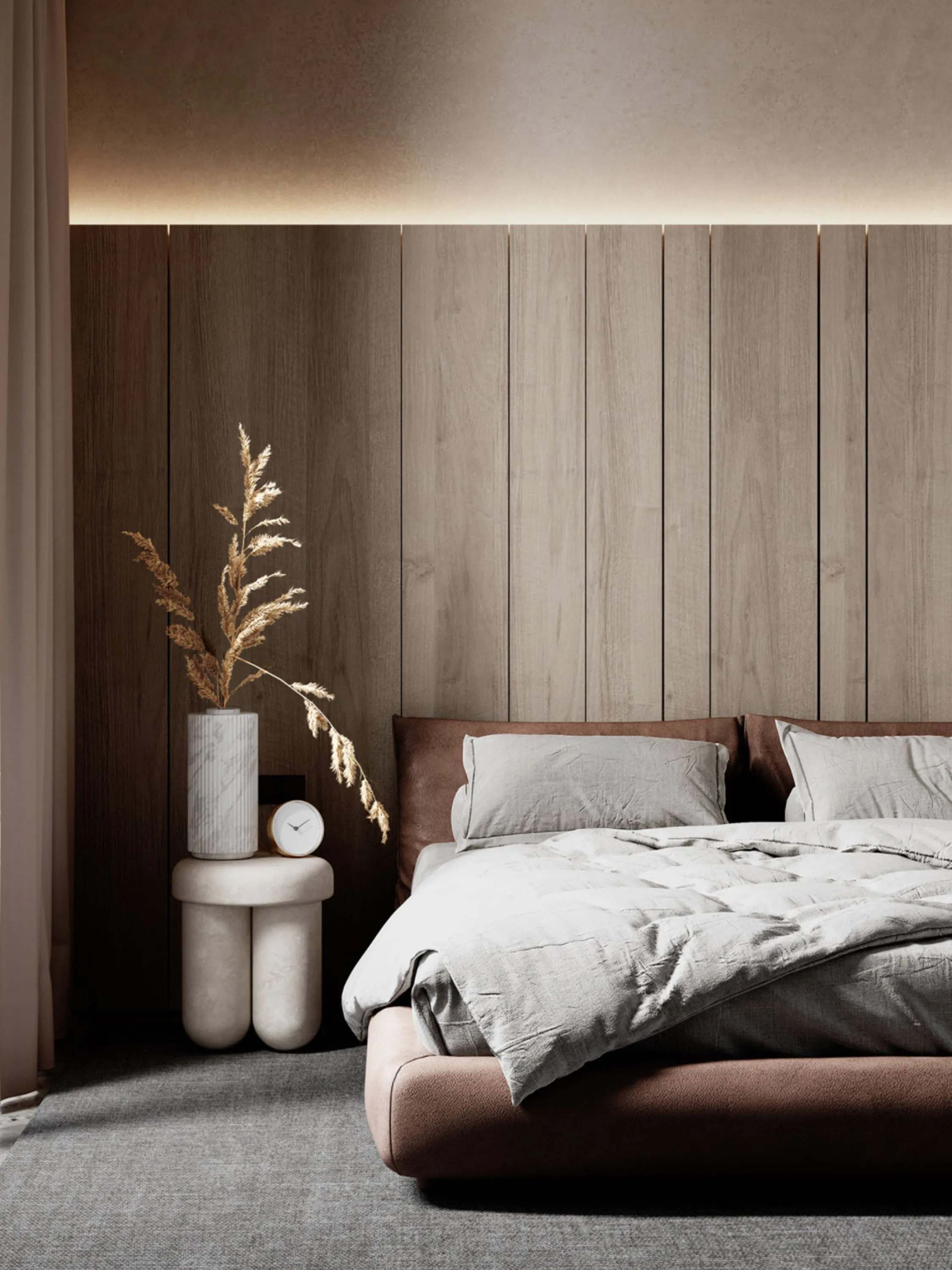 Bedroom with tactile material palette and view to the outdoors.