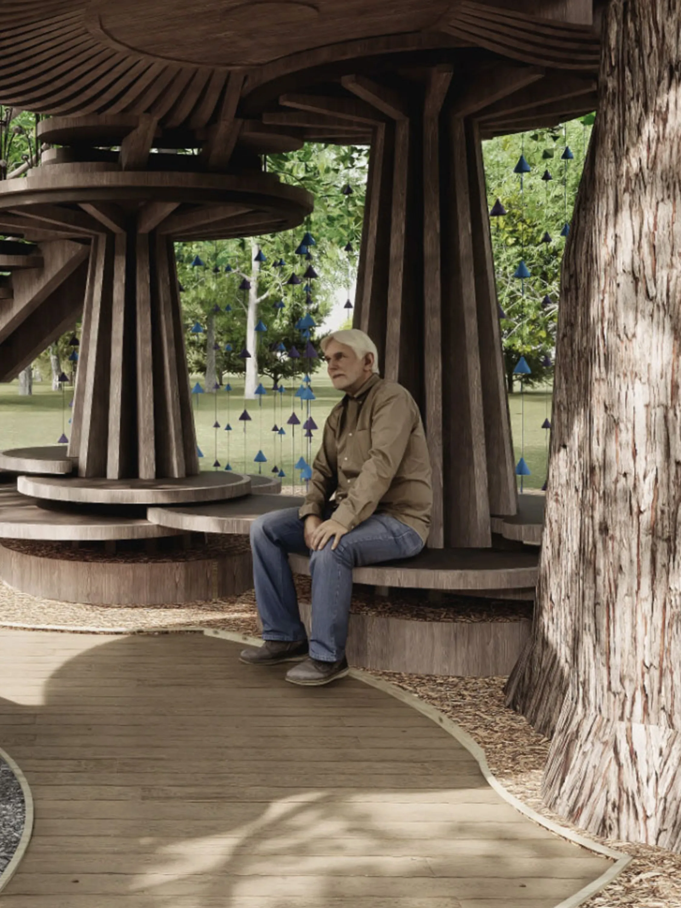 Tree-like columns creating a sheltered seating area.