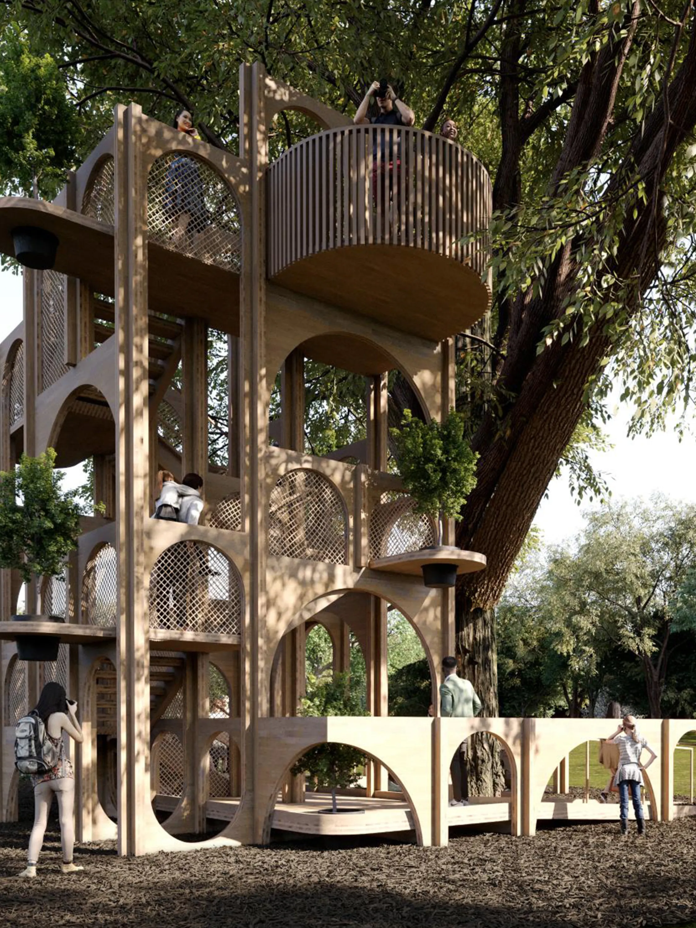 Architectural treehouse with balconies, arches and openings.