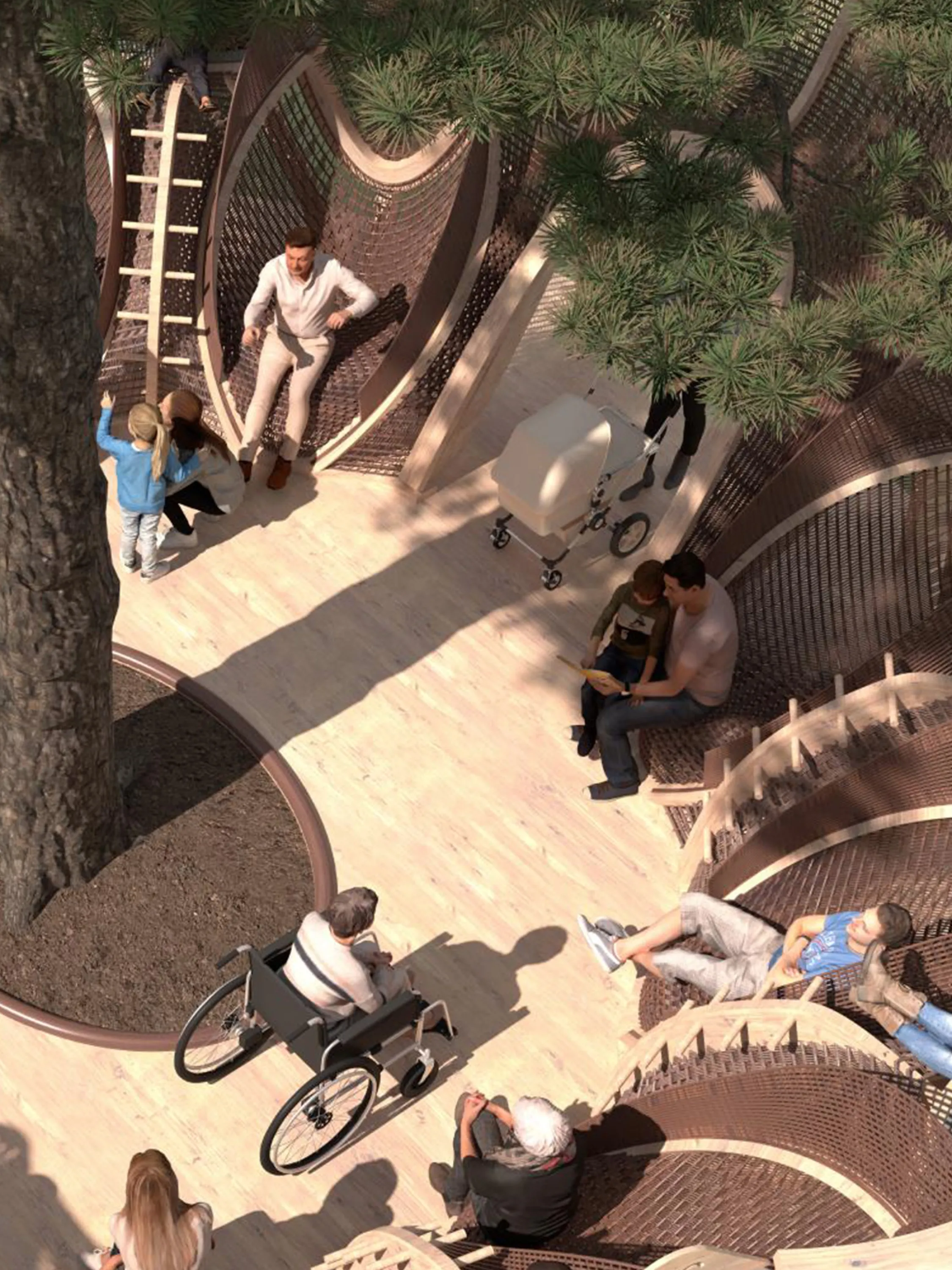 A treehouse amphitheater with people interacting.