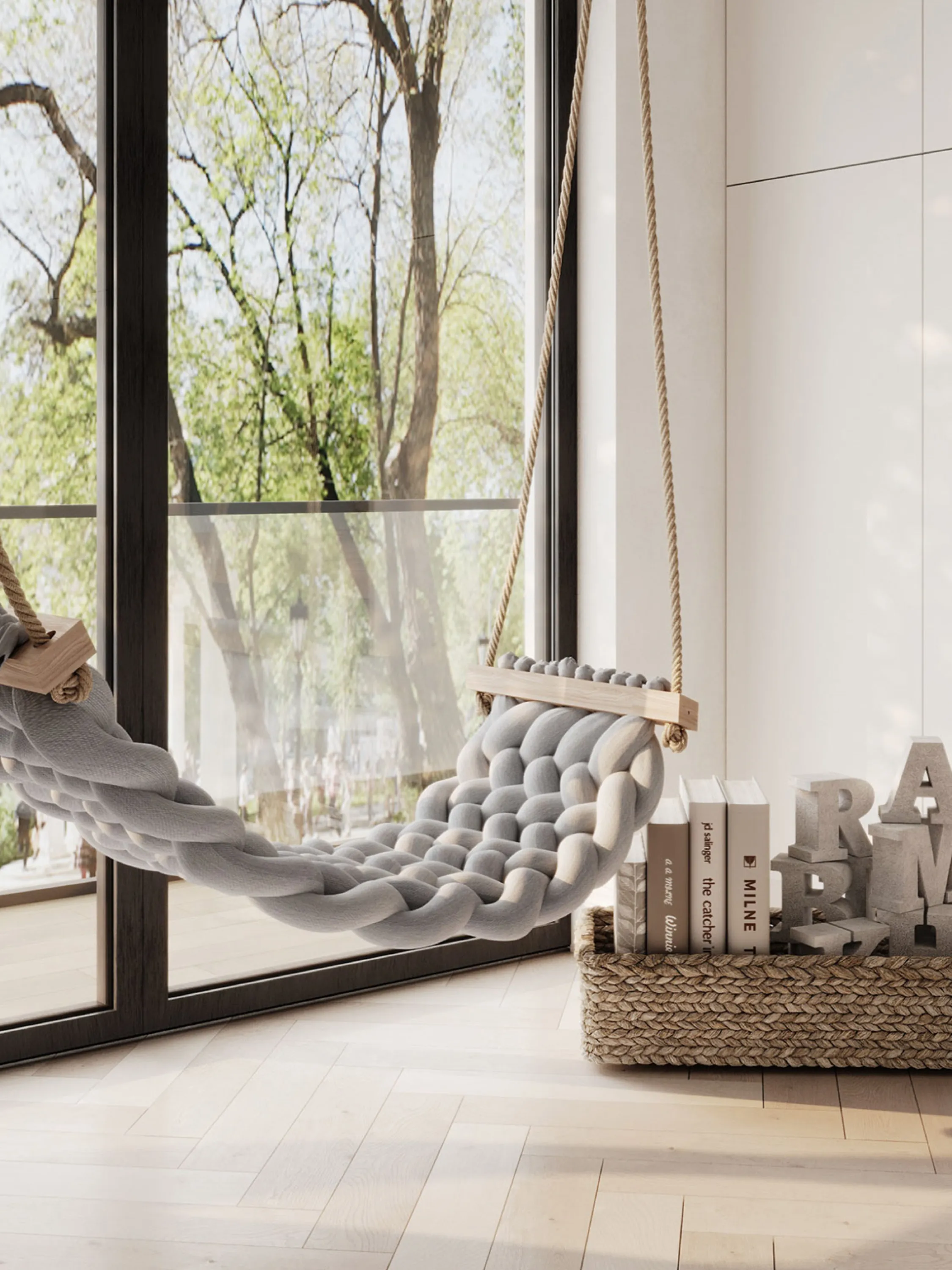 Textile swing in front of a window.