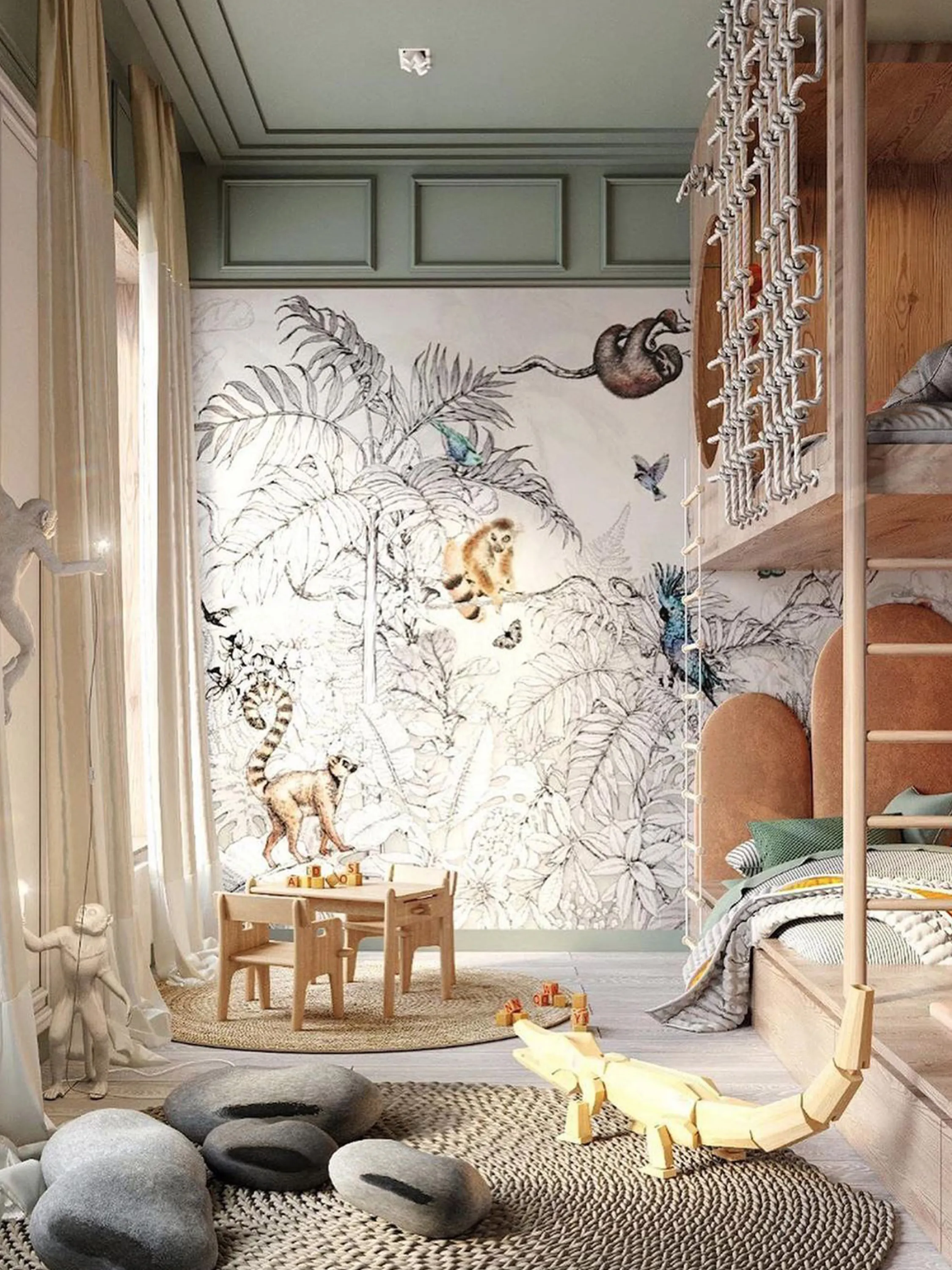 Children's bedroom with immersive tropical wallpaper.