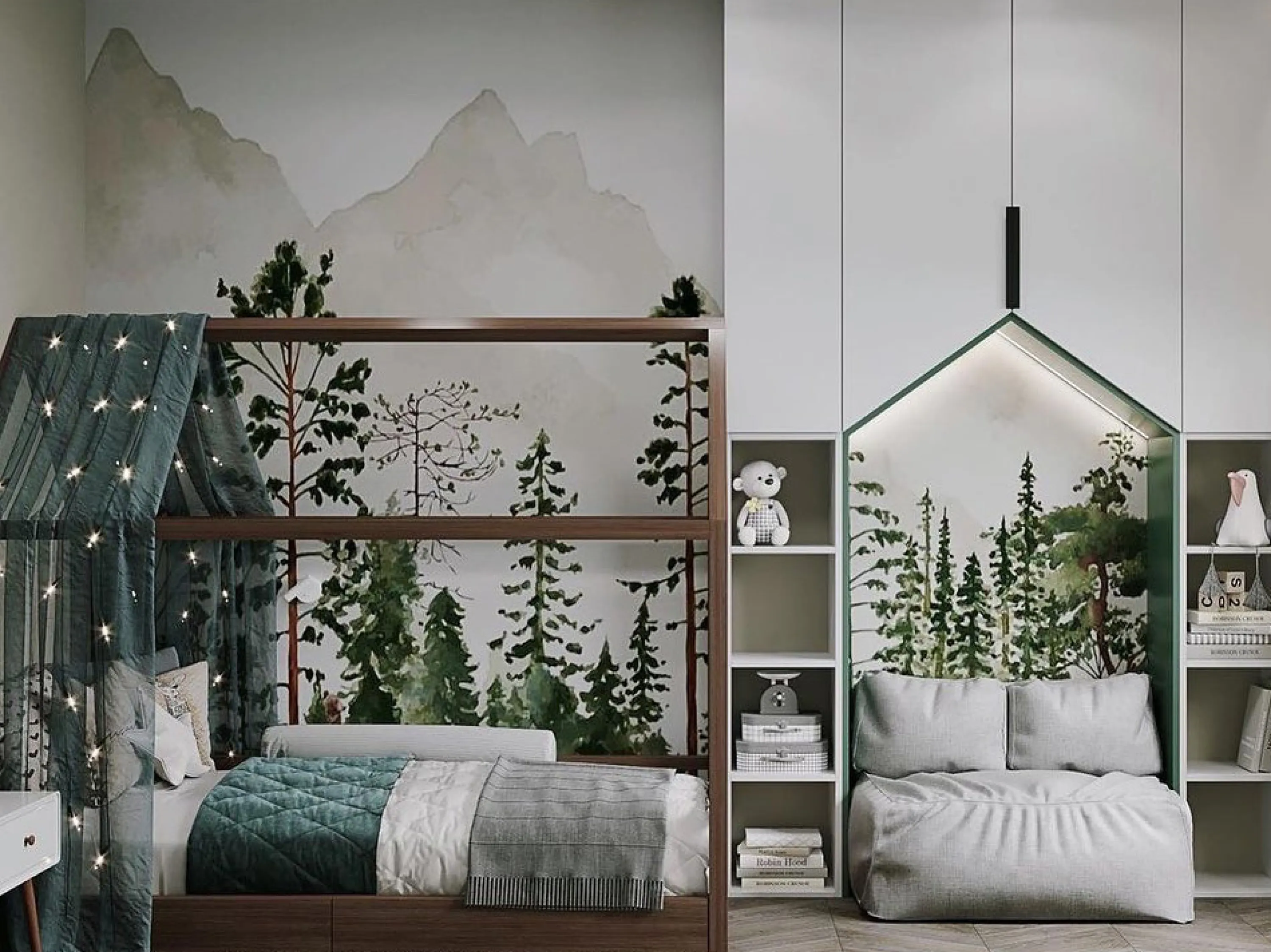 Biophilic children's bedroom with defined functional areas.