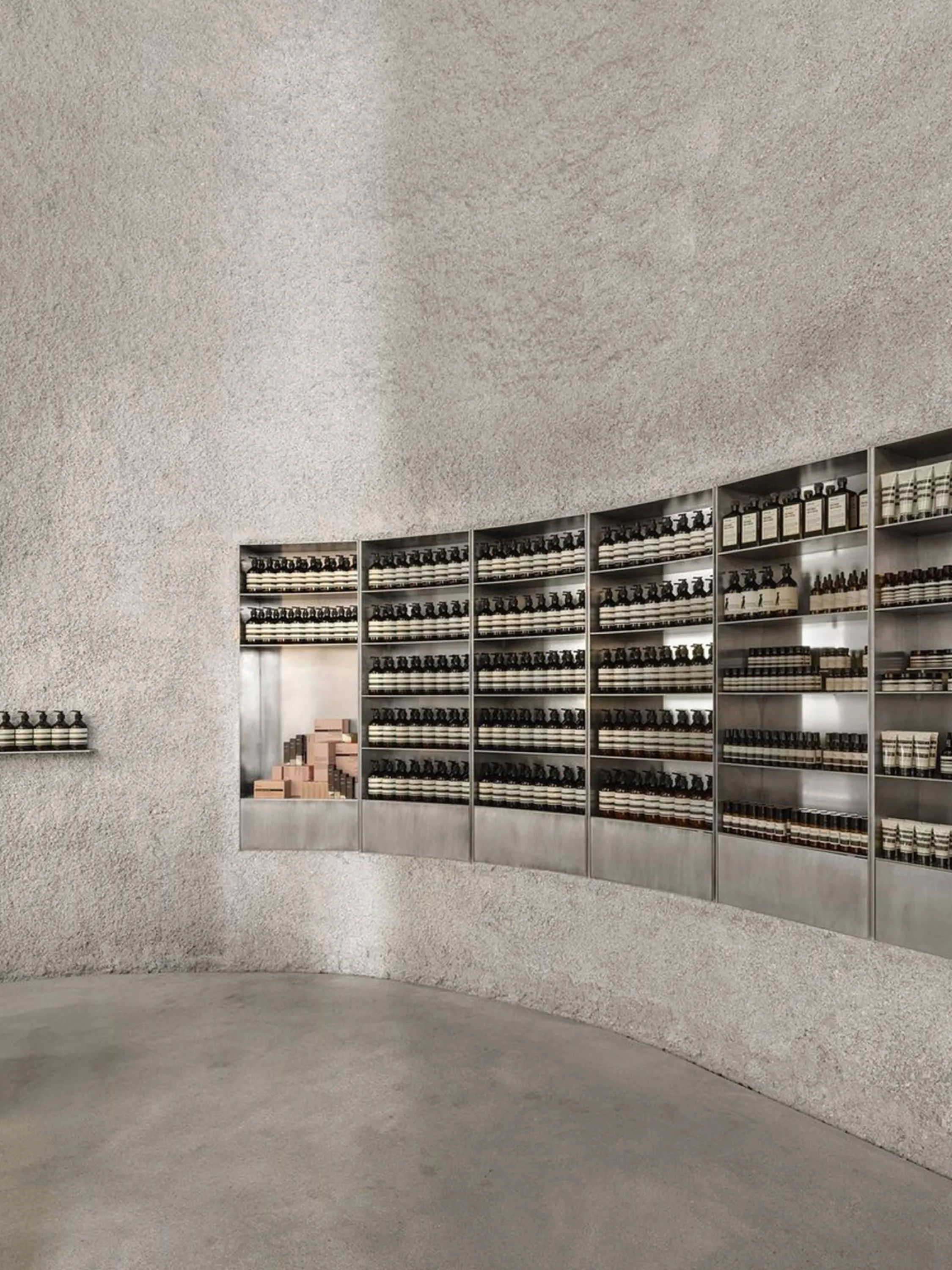 View of the products standing out againsts the monochrome gray wall.