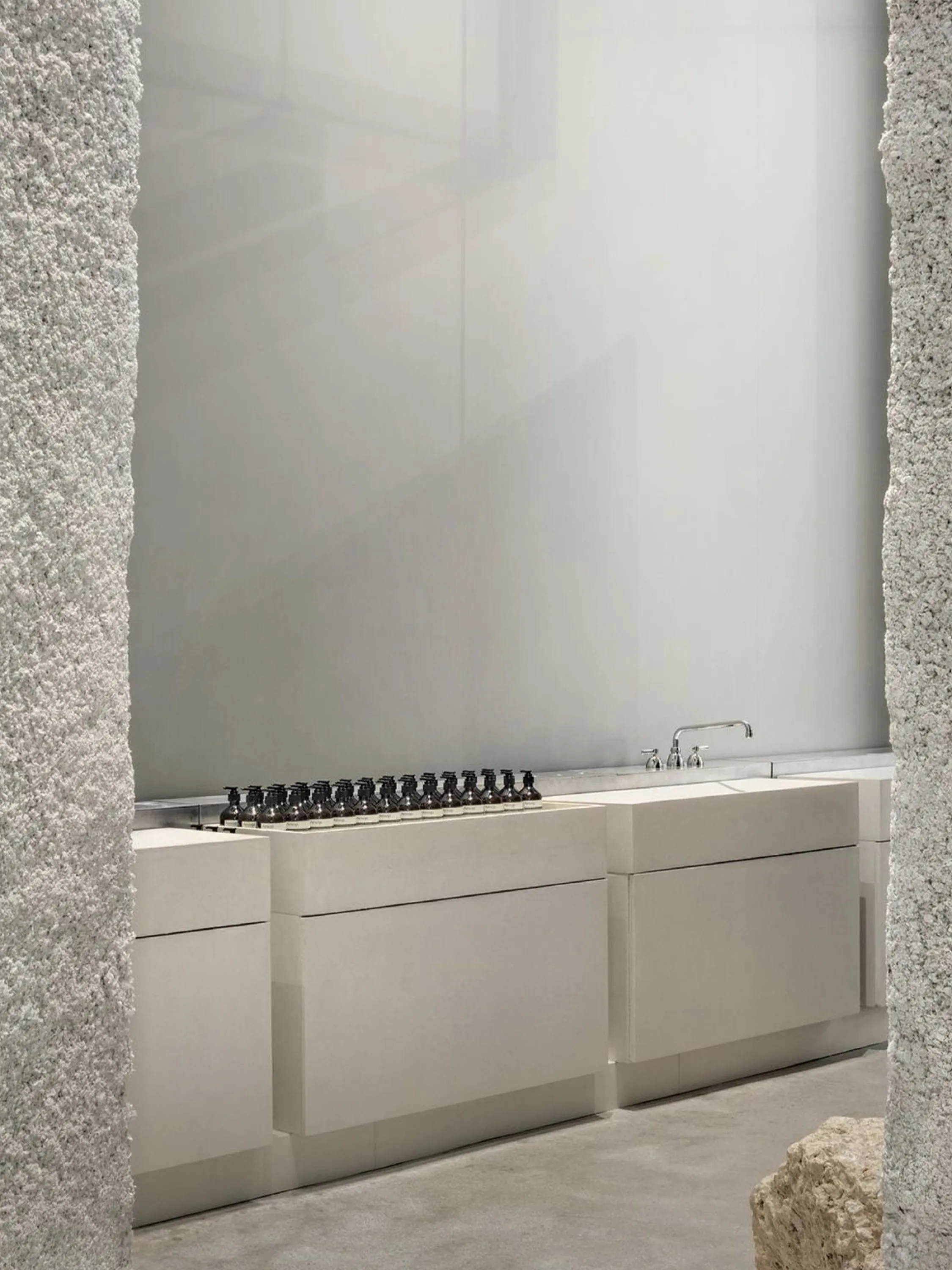 Close-up view of the washbasin area at the back of the store.