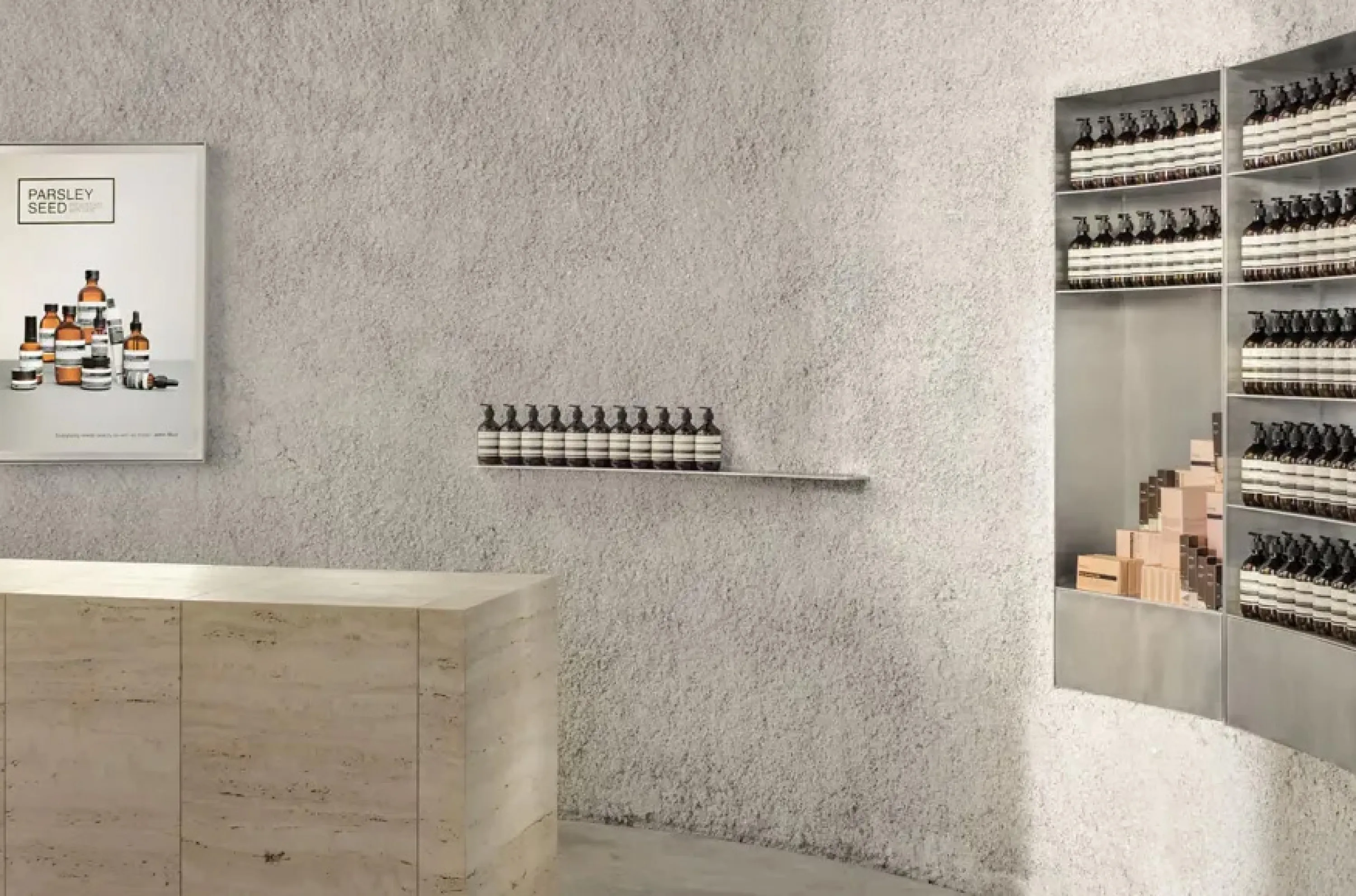 View of the store counter behind the curved wall.