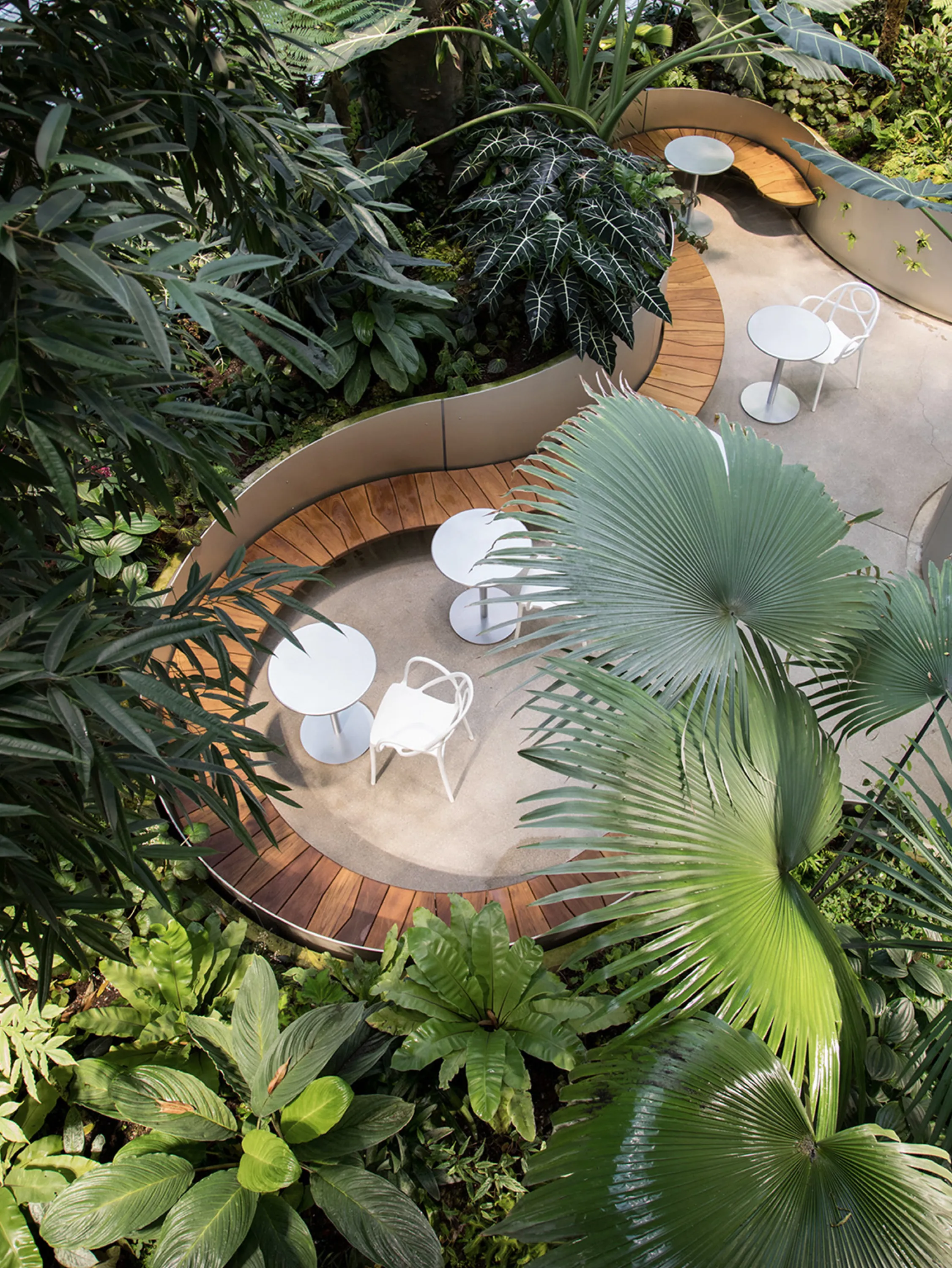 Seating areas along a flowy pathway.