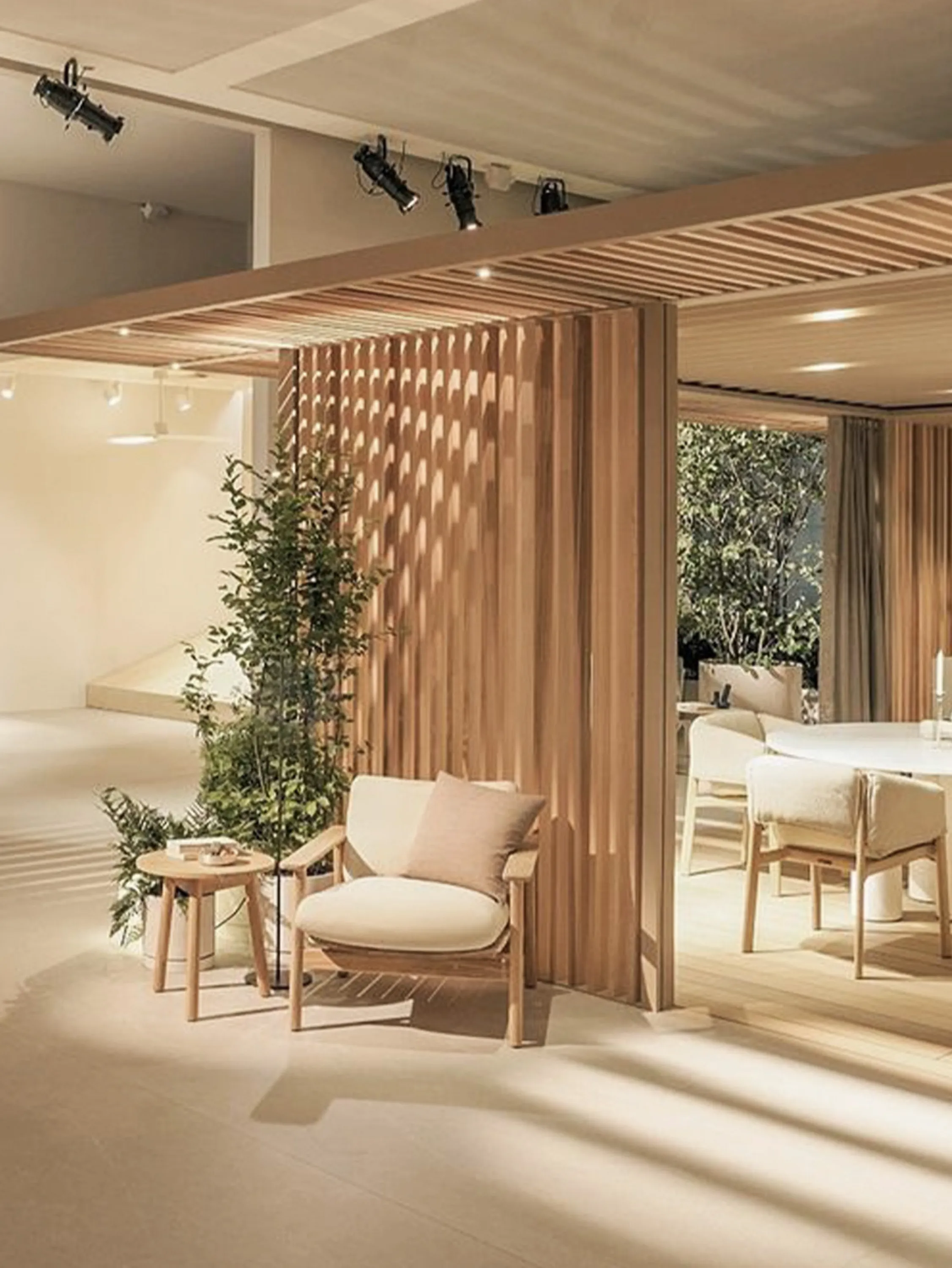 Indoor booth recreating an outdoor space.