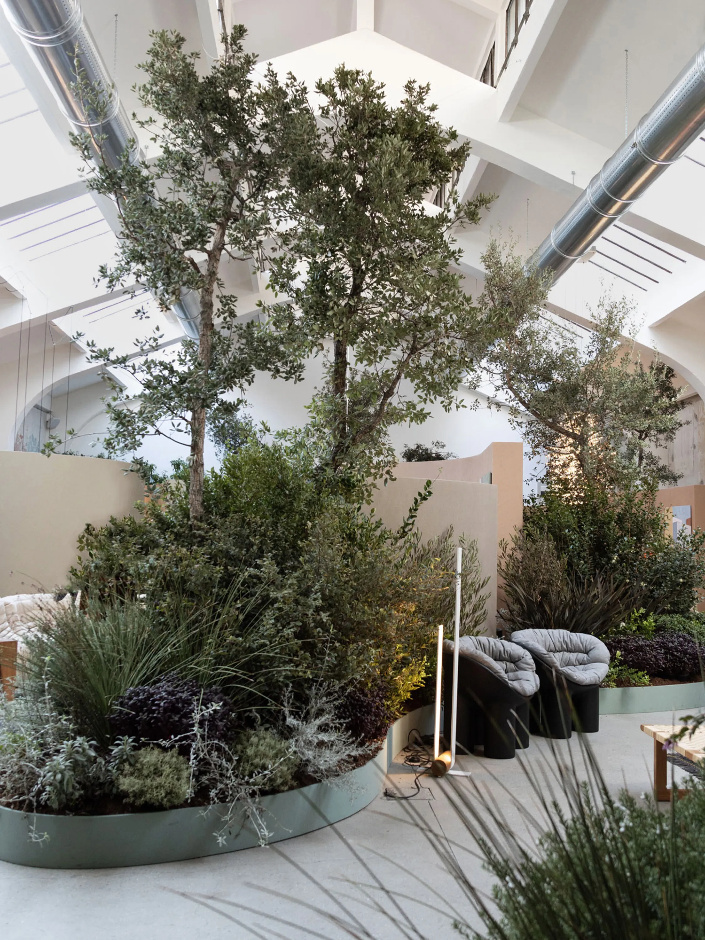 Design exhibition with furniture peeking through plants.