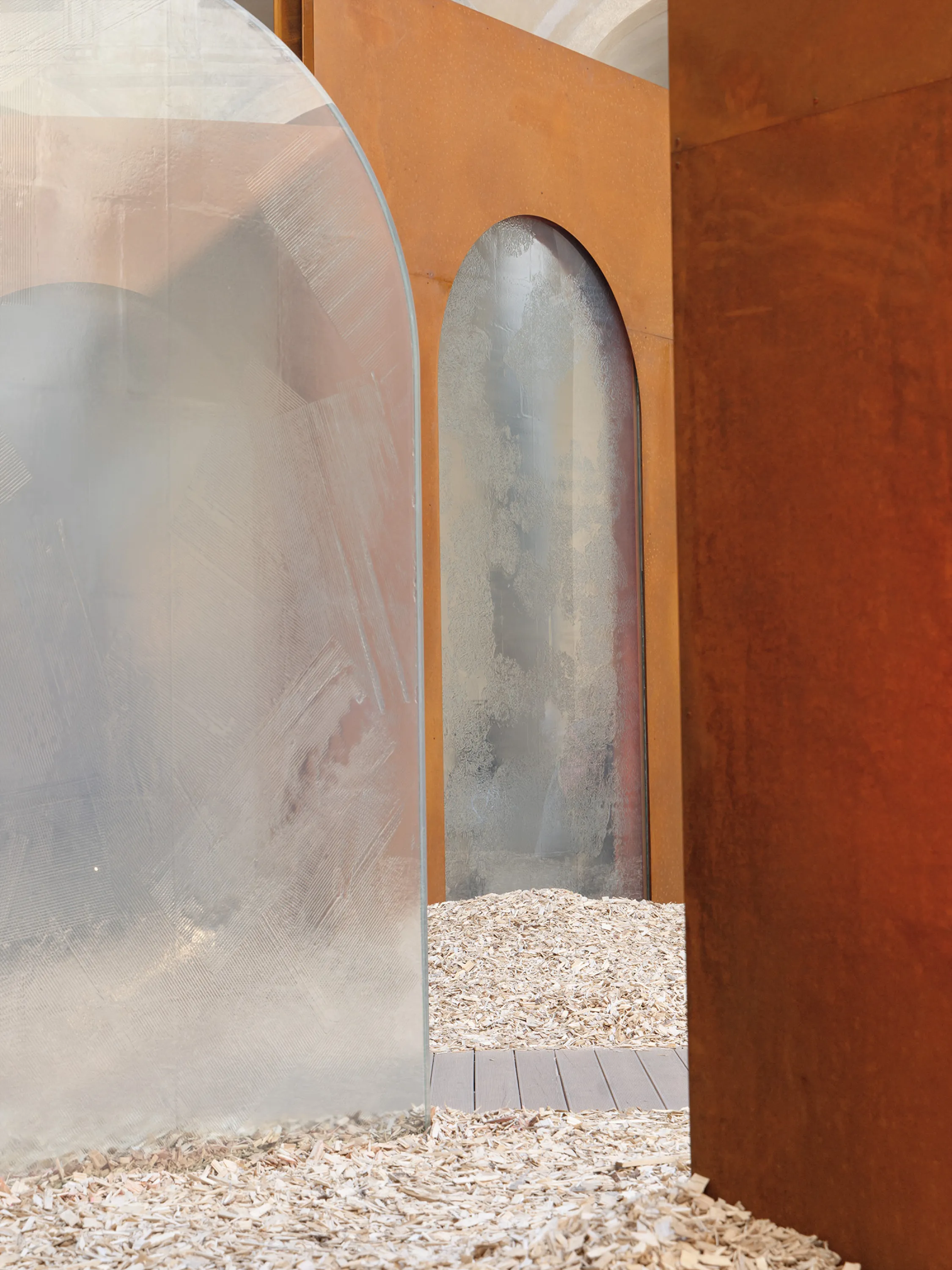 Pathway meandering among glass panes.