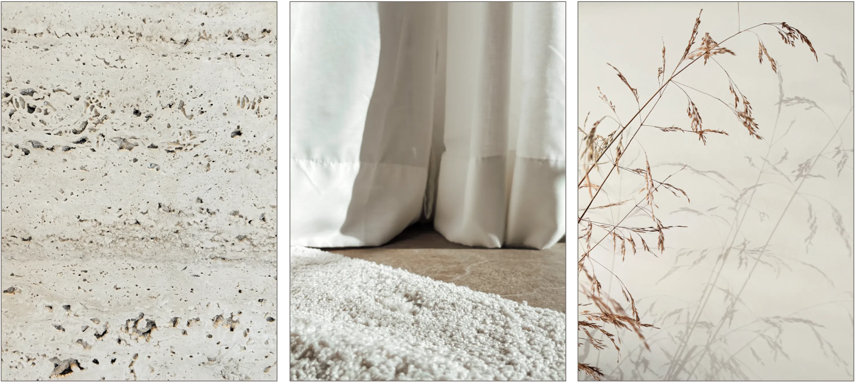 Travertine texture. Lightweight curtains and textured rug hit by the sun. Wild grass.