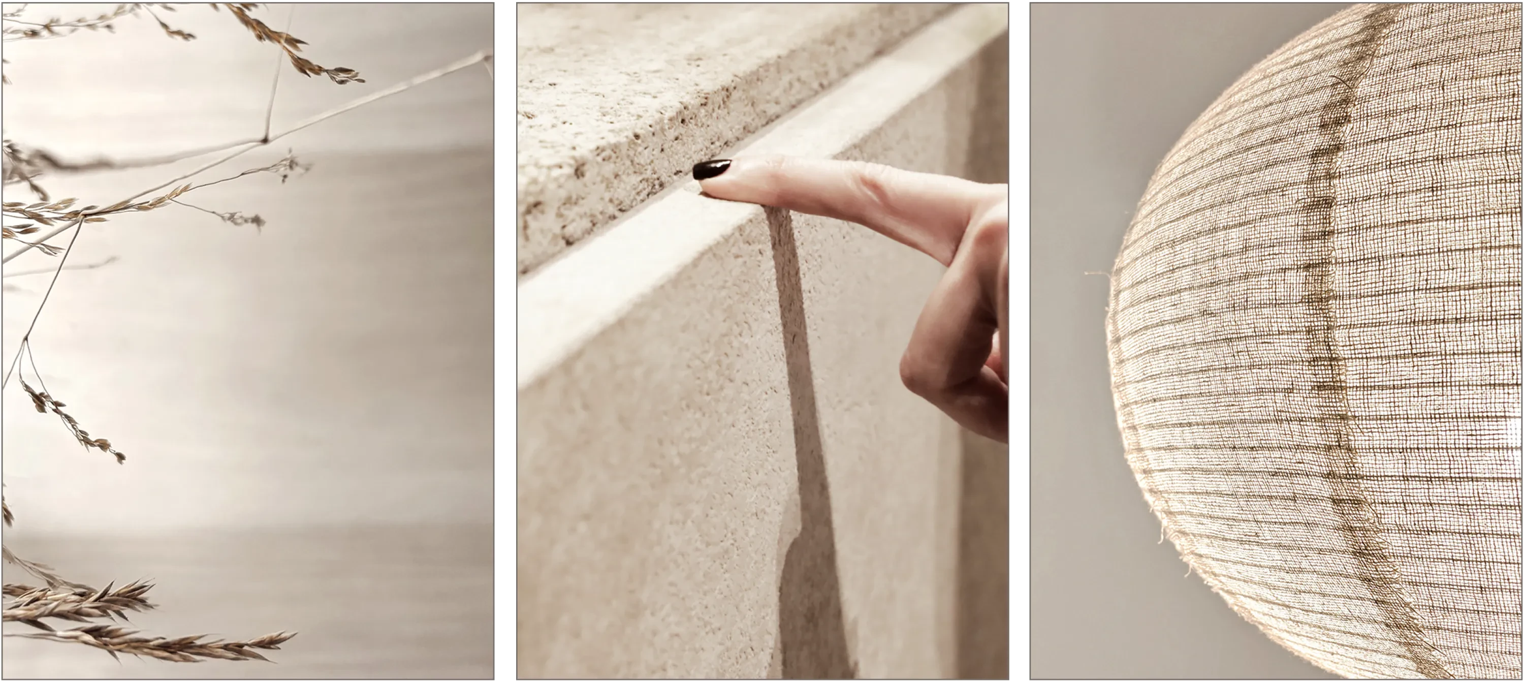 Close-up on twigs over a wood table. A finger touching a stone surface. A textile pendant lamp.