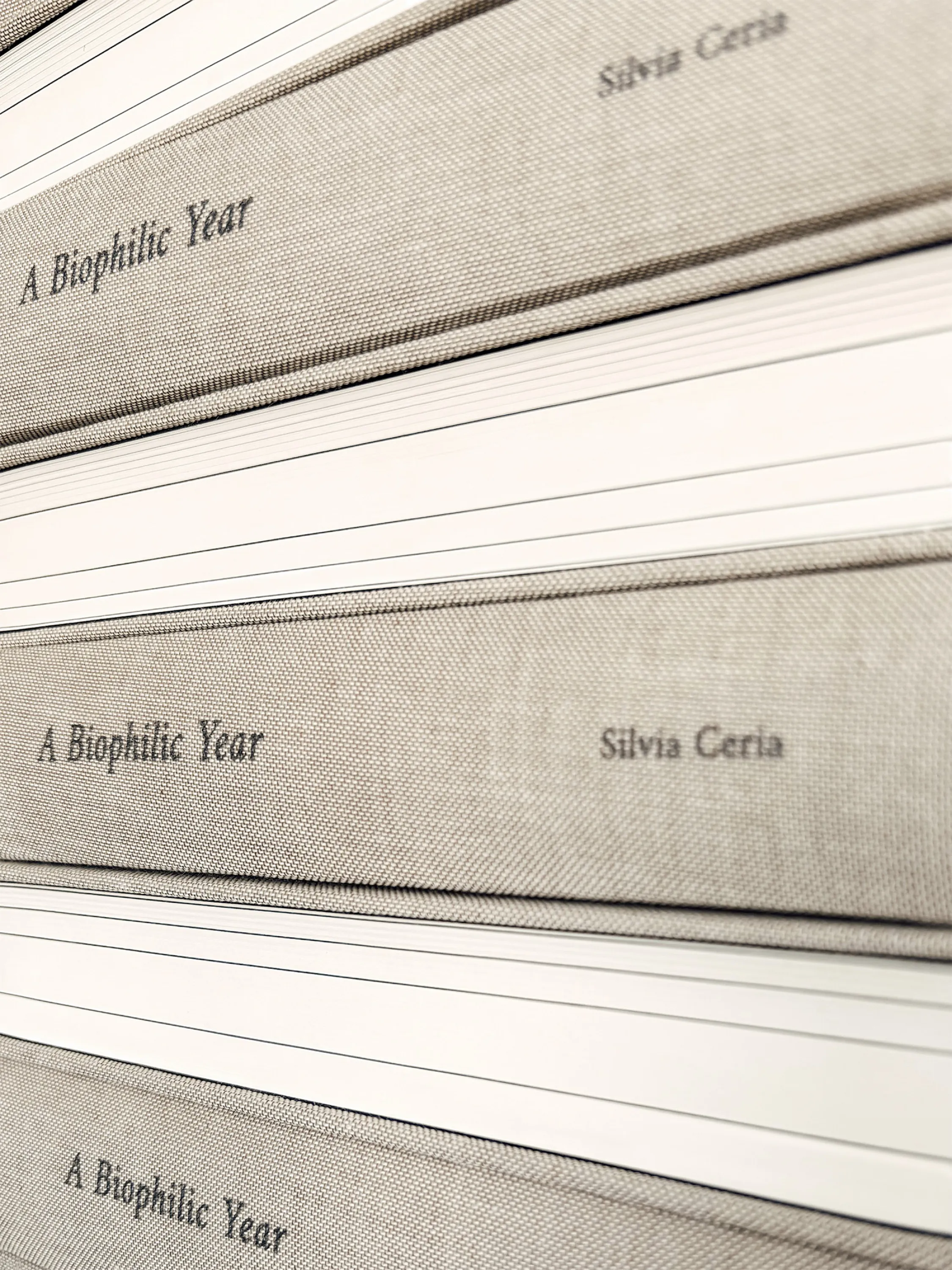 Pile of A Biophilic Year books. Detail of the spine and the side.